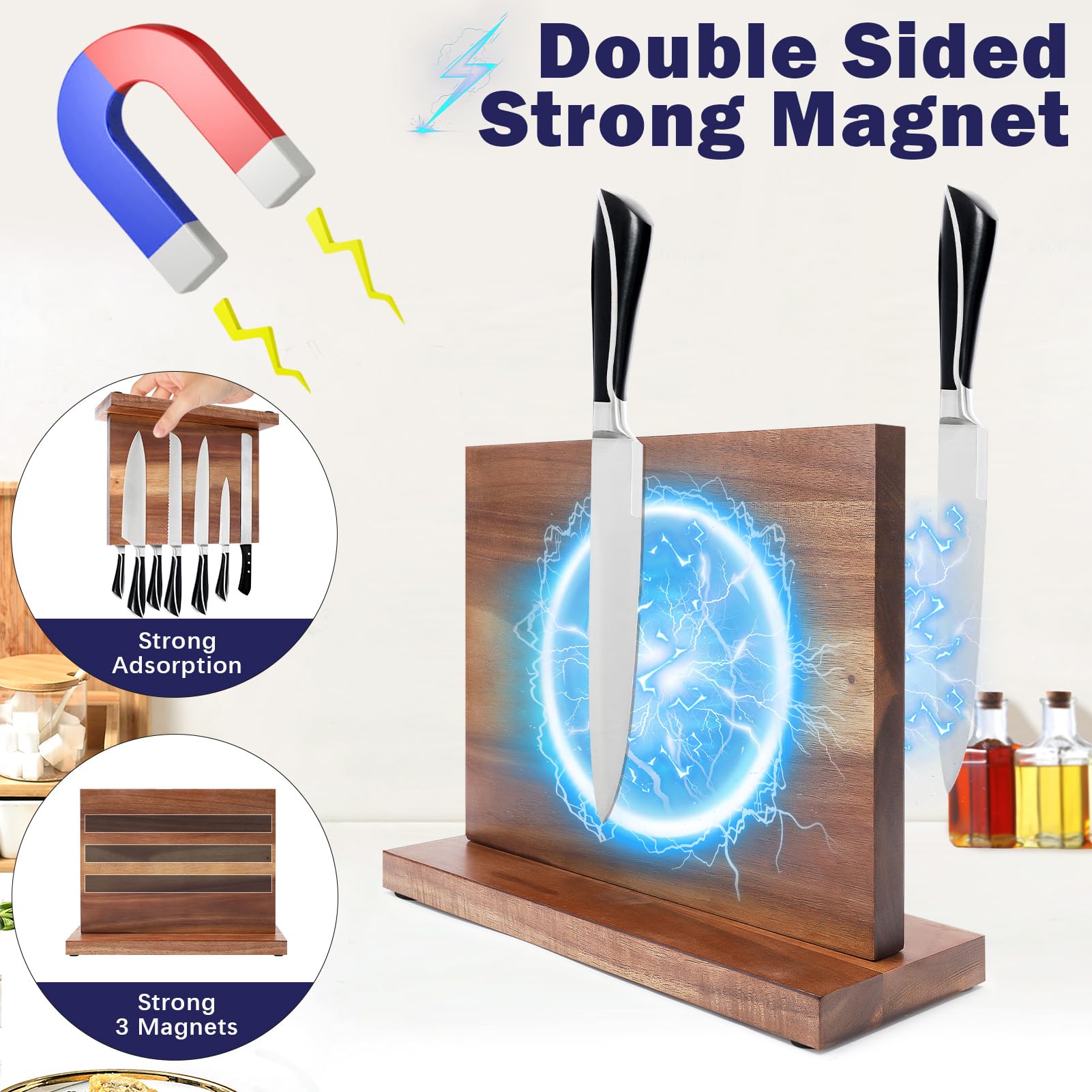 Gugxiom Double Sided Messerblock Magnetisch, Acacia Wood Magnetic Knife Holder, Magnetic Knife Block, Starken Magneten, Ohne Messer, Messerständer für Messer Präsentation und Lagerung