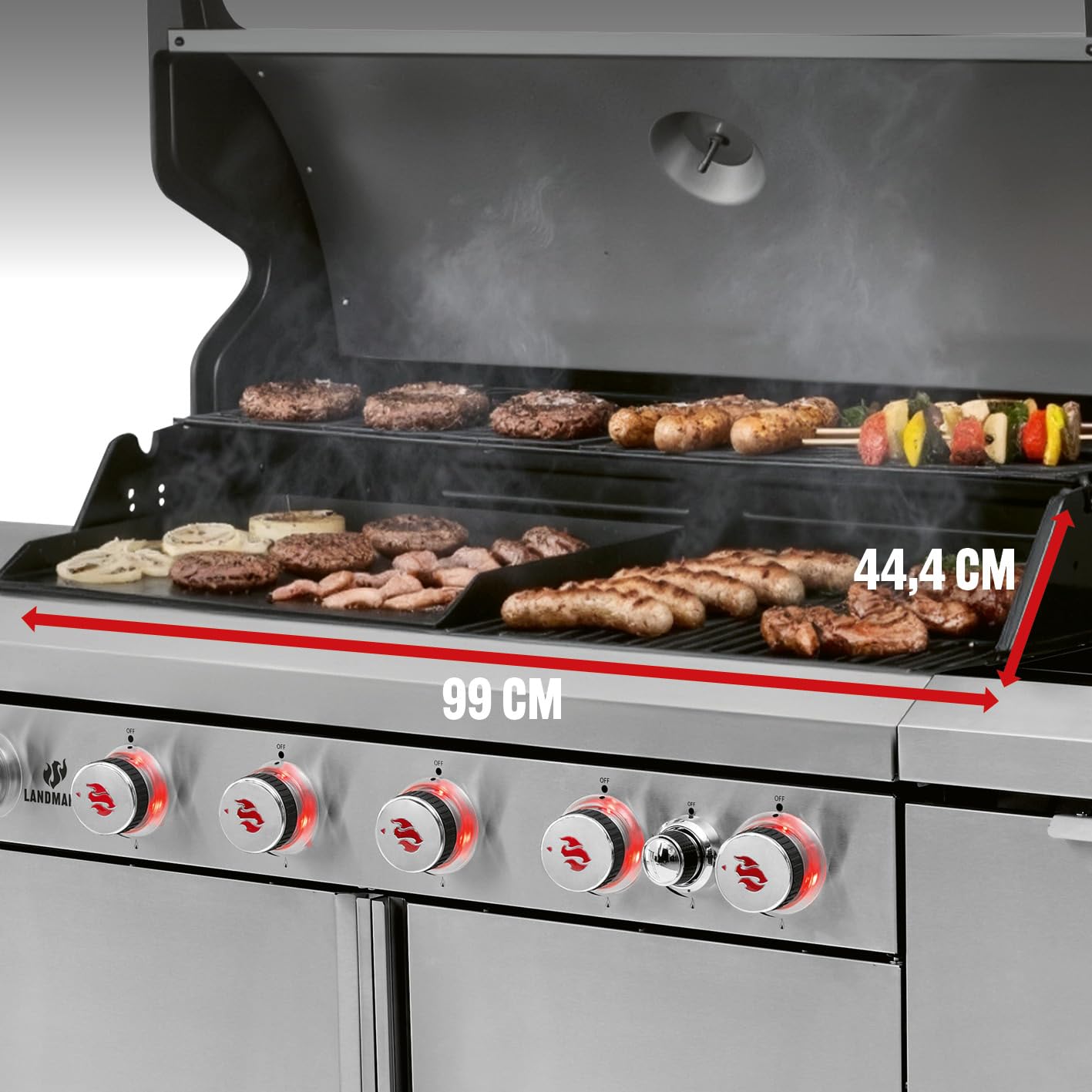 LANDMANN Barbacoa de gas 6.1 con 6 quemadores, zona MaxX, gran superficie de parrilla y rejillas de hierro fundido, potente parrilla para jardín y exterior, con reguladores LED y mesa lateral para una