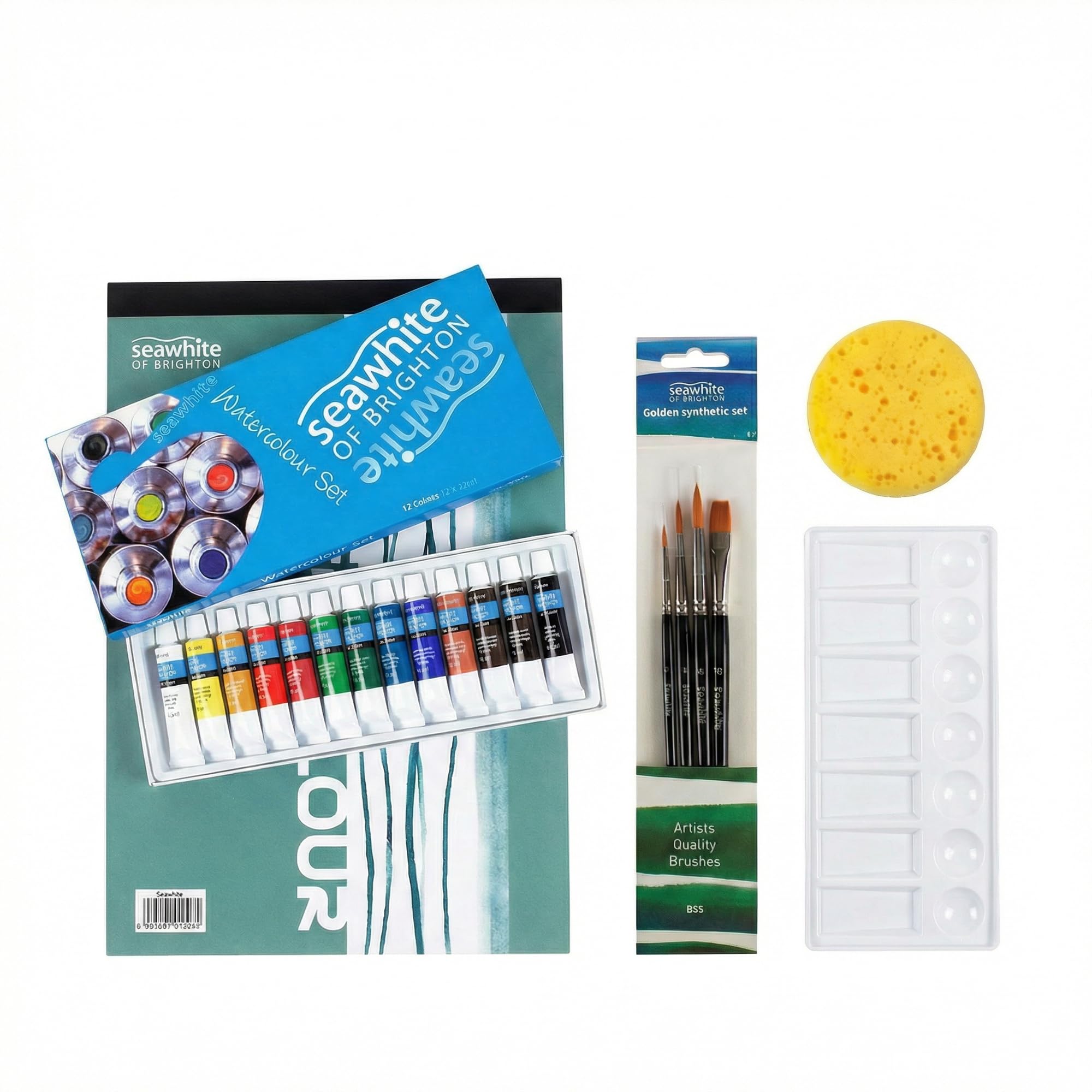 Seawhite of Brighton Watercolour Art Set - A4 Pad, 12 Paints, Synthetic Brushes, Palette & Sponge in A3+ Polyfolder - Complete Painting Kit for Artists, Students & Beginners