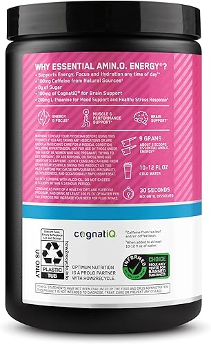 Vista 93 de Optimum Nutrition Amino Energy Plus Electrolytes - Bebida energética con aminoácidos y electrolitos para hidratación, sin azúcar, con BCAA, sabor a