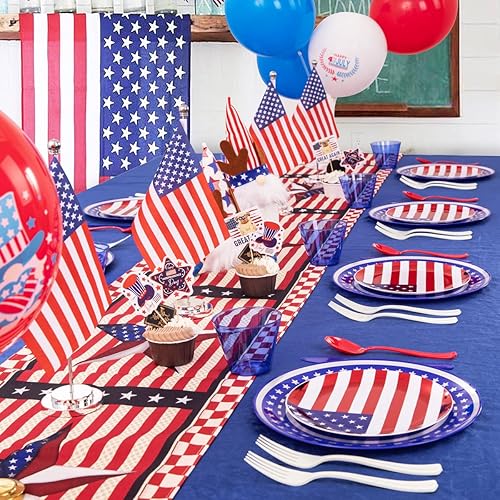Miniatura 7 de PULOTE 150 platos del 4 de julio y cubiertos de plástico azul, blanco, rojo y vasos azules transparentes, platos de plástico de bandera