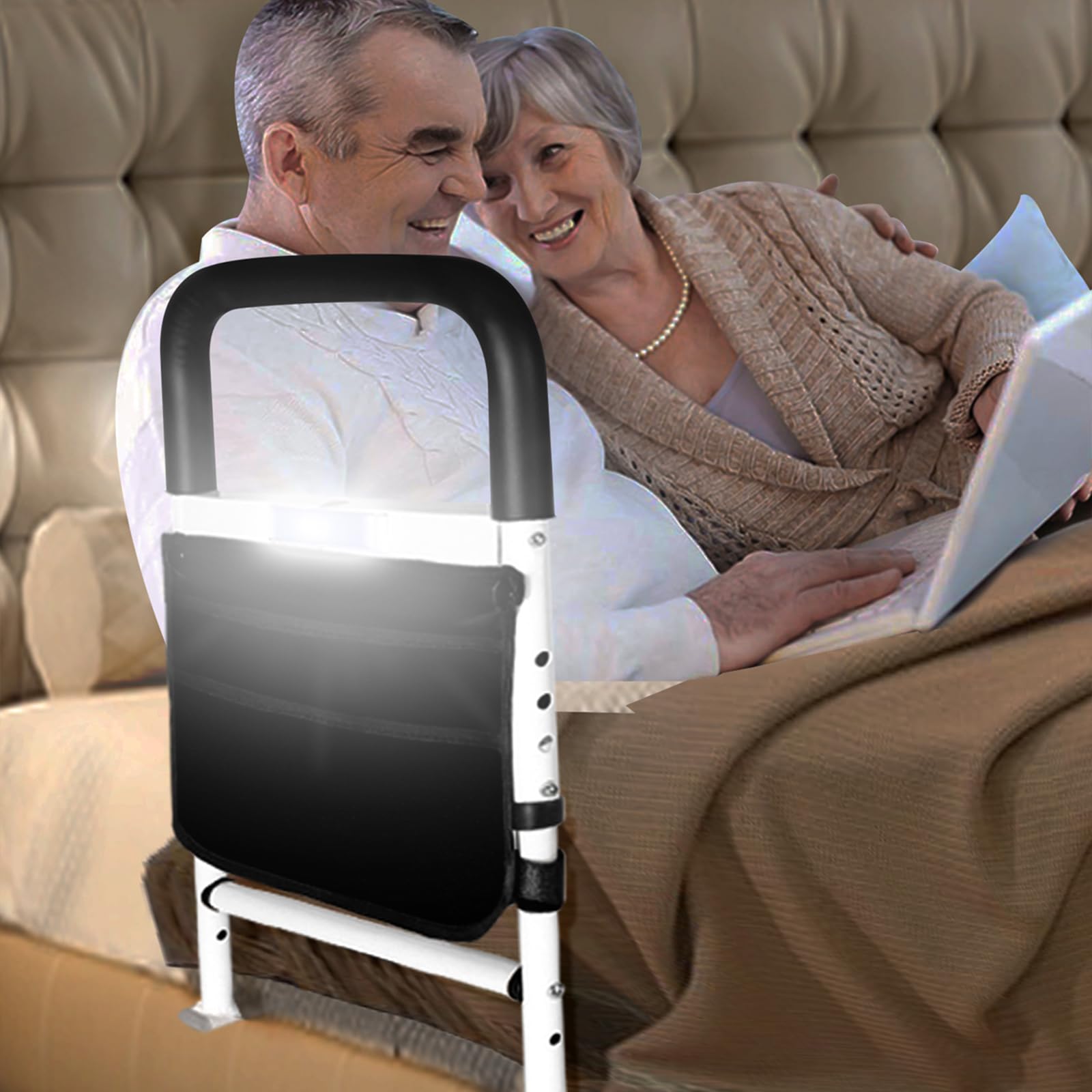 YEEGO DIRECT Bed Rails for Elderly Adults,Height Adjustable Bed Assist Rail for Seniors Bedside,Fall Prevent Grab Bar with Storage Pocket and LED Induction Light, Fits King Queen Full Twin Bed