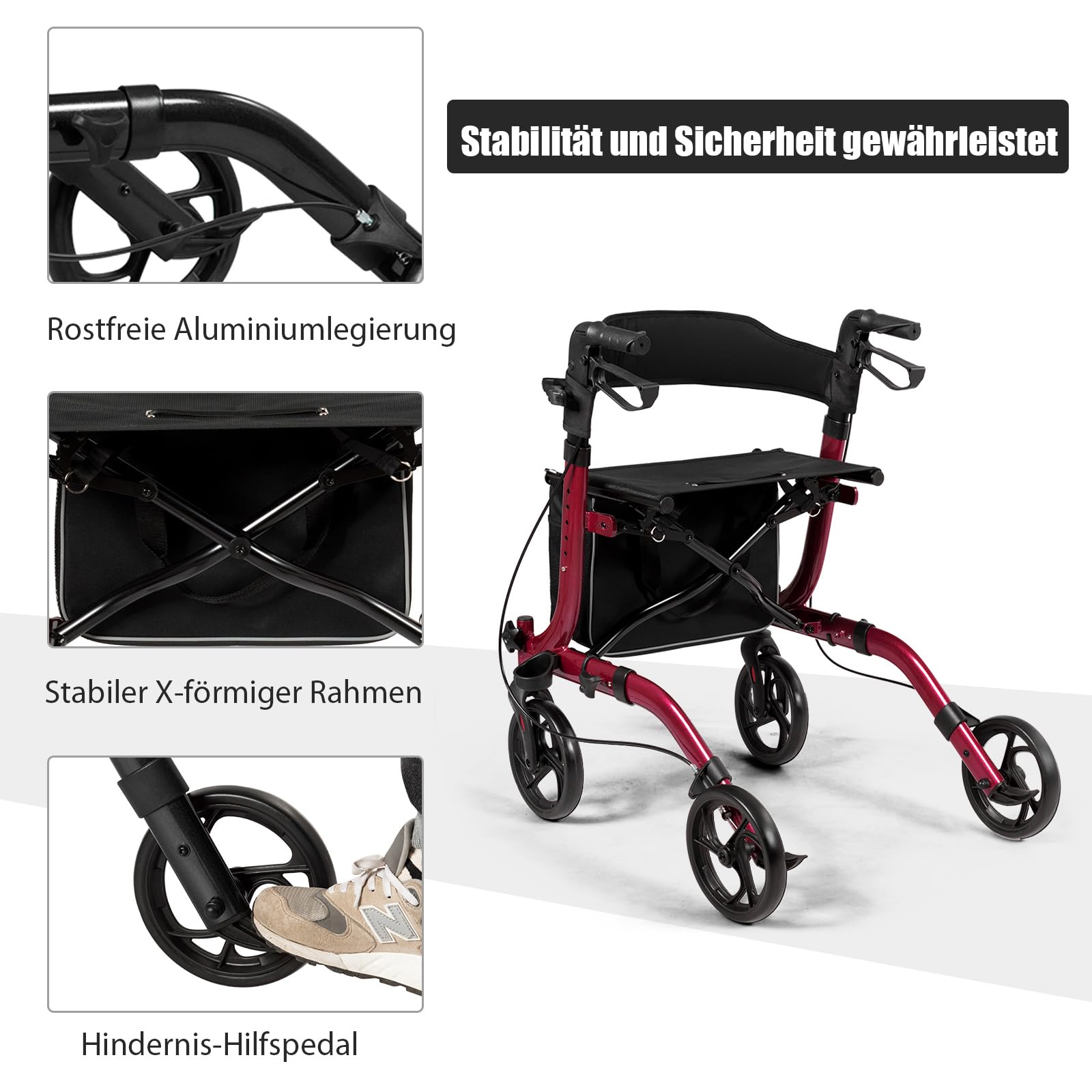 GOPLUS Chodzik aluminiowy, lekki pomocnik do chodzenia z siedziskiem, składany i z regulacją wysokości, wózek spacerowy z podwójnymi hamulcami, szeroki pas na plecy i torba do przechowywania, solator