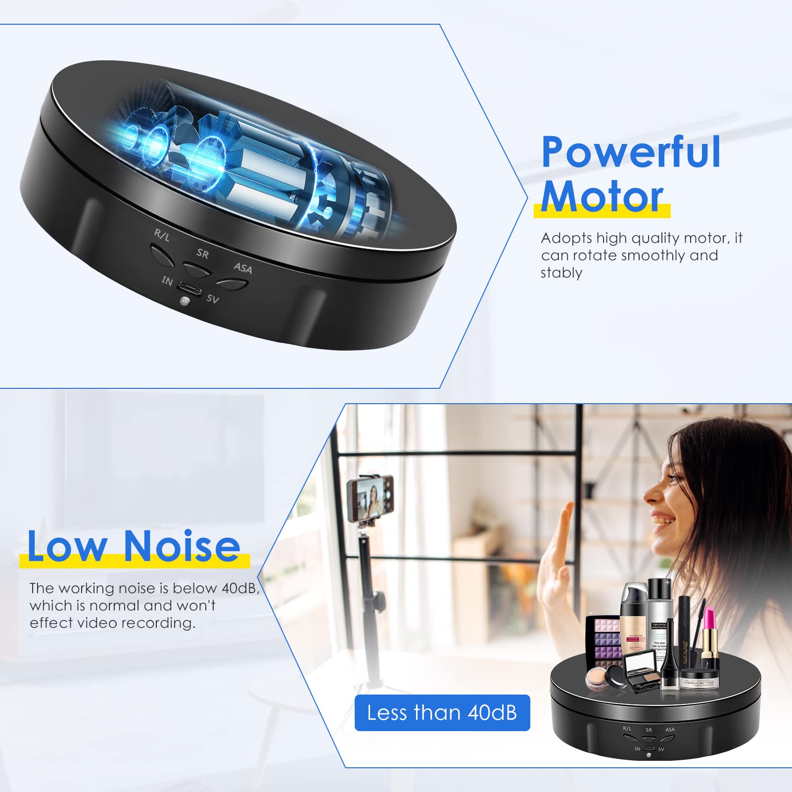 Base Girevole Elettrica, VAYOTOY 6 pollici / 14,6 cm Piatto Girevole Elettrico 10 kg Piccolo Piattaforma Girevole con 6 Fogli di Sfondo Ricarica USB 3 Velocità Regolabili per Display e Fotografia