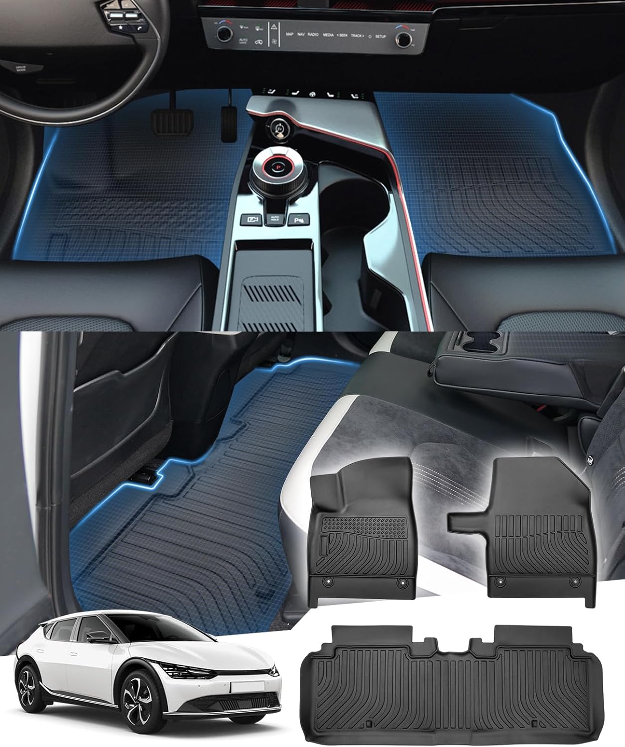 Floor Mats for 2022 2023 2024 2025 KIA EV6 GT/GT-Line TPE Trunk Liners Mat All Weather Odorless Anti-Slip Floor Liners 1st&2nd Row Full Set Car Trunk Mats for KIA EV6 Accessories For 22+KIA EV6 Floor Mats