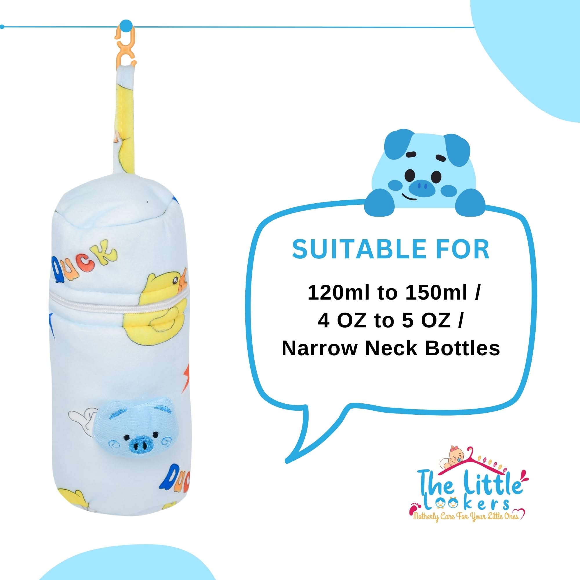 THE LITTLE LOOKERS Soft Plush Stretchable Baby Feeding Bottle Cover with Easy to Hold Strap | Cute Animated Overall Print Pack of 3 (Multicolor, Zip Closure 120ml,150ml/4OZ,5OZ) - Image 2 thumbnail