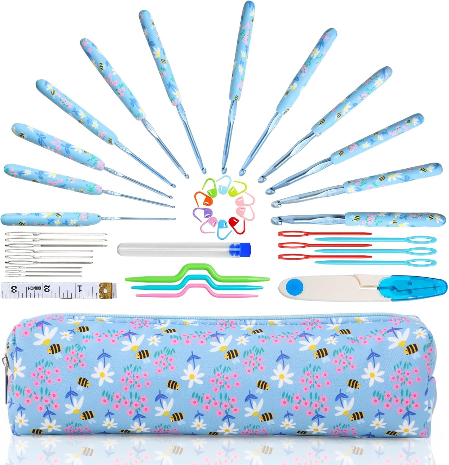 Looen Crochet Hooks Set, 12 Sizes 2.0mm(B)-8.0mm(N) Ergonomic Handle for Arthritic Hands, Soft Rubber Grip Knitting Needles Kit for Crochet Beginners, Knitting Enthusiasts (Sky Blue)