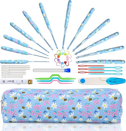 Miniatura 8 de LOOEN Juego de ganchos de ganchillo, 14 tamaños de 0.089 in (B) a 0.394 in (N) mango ergonómico para manos artríticas, kit de agujas de tejer de