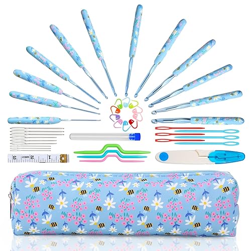 Looen Crochet Hooks Set, 12 Sizes 2.0mm(B)-8.0mm(N) Ergonomic Handle for Arthritic Hands, Soft Rubber Grip Knitting Needles Kit for Crochet Beginners, Knitting Enthusiasts (Sky Blue) - Sky Blue