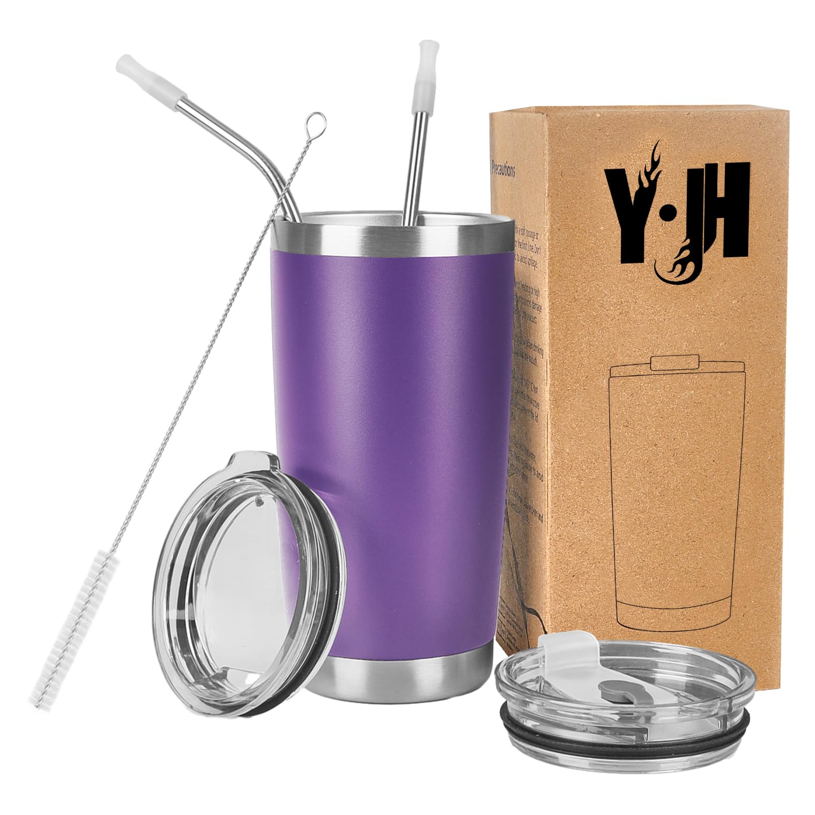 Y·J&H 20oz (550ml) Doppelwandig Vakuum Isolierter Autobecher, Edelstahl Reiseflasche, Thermobecher Kaffee to Go mit 2 Spritzfestem Deckel 2 Strohhalm, Rohrbürste,BPA Free - Lila