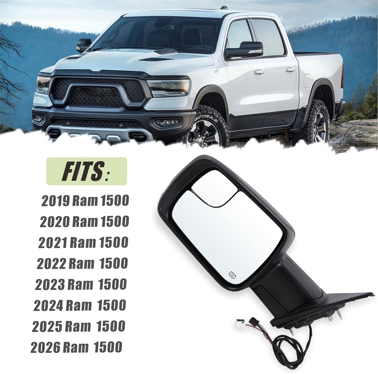 Left Driver Side Mirror Compatible With 2019-2026 Ram 1500 With Manual Folding Heated Turn Signal Puddle Light Temperature Sensor Matte Black Replace#5ZK43KARAH(8+2Pins)