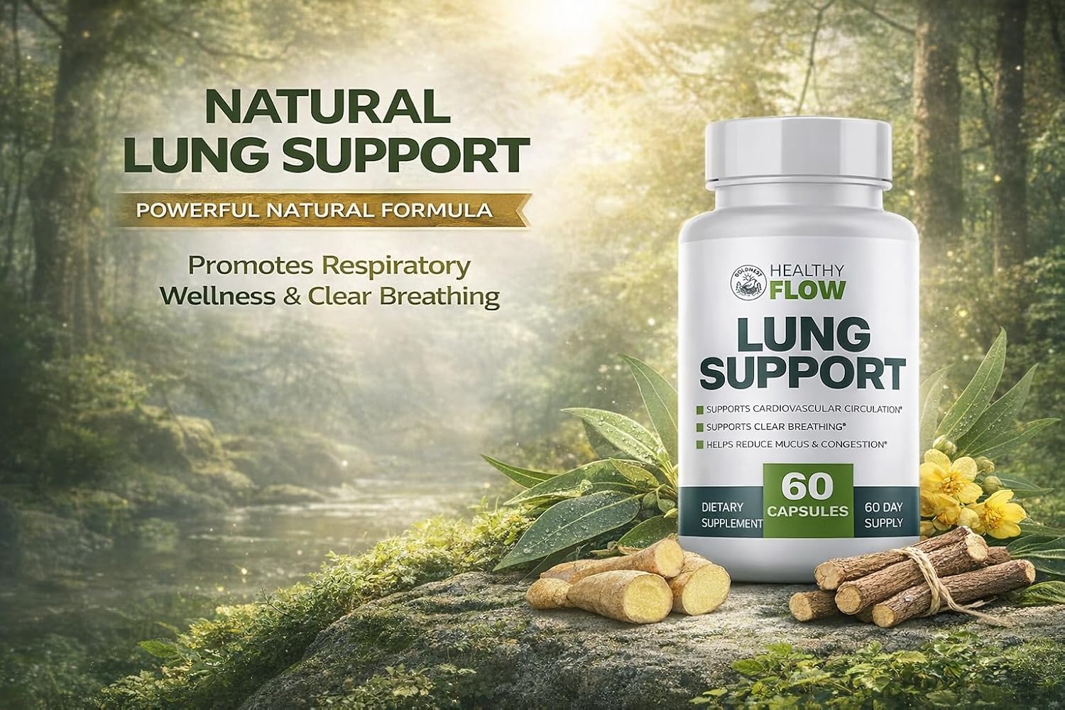 Healthy Flow Lung Support, Supports Lung Health & Respiratory Function - Improves Breathing, Oxygen Flow - 60 Capsules Genuine (1 Pack)