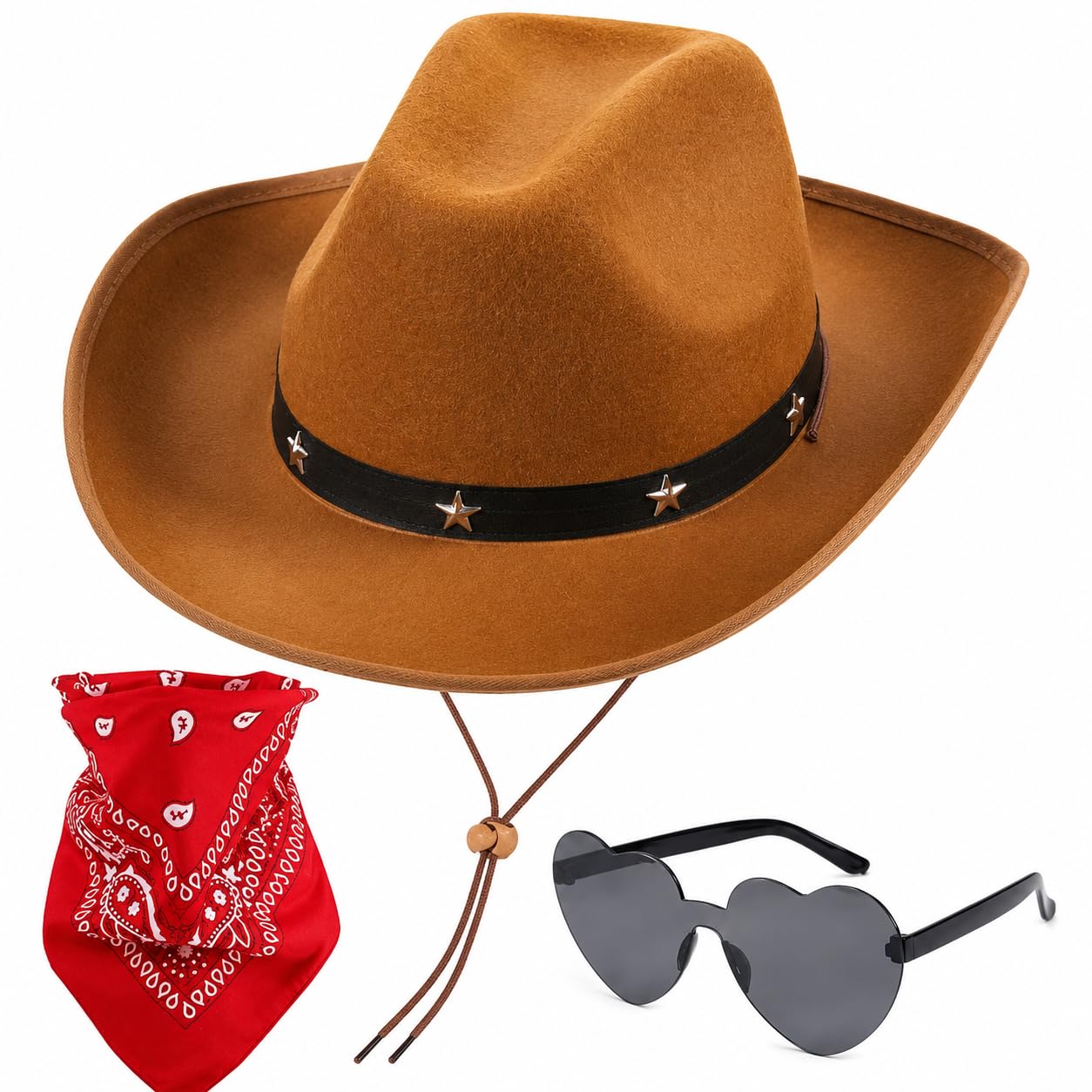 3 Pcs Cowgirl Hat Costume Set with Sunglasses and Bandana，Cowboy Costume