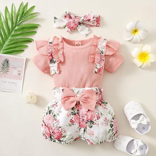 Miniatura 3 de DUOWEI Tween Clothes - Mameluco acanalado de manga corta con volantes para niñas y bebés