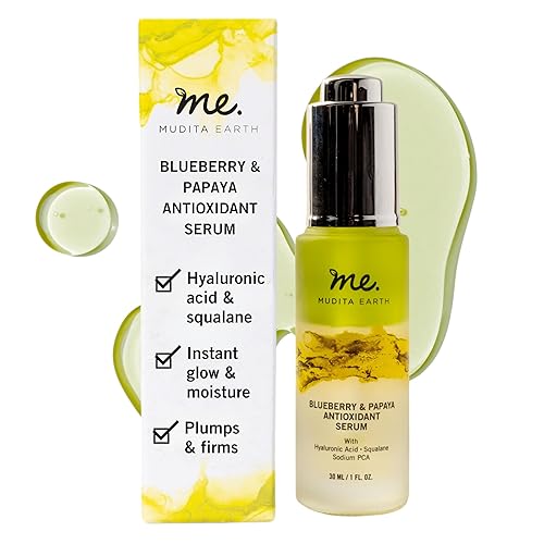 Mudita Earth - Suero de ácido hialurónico + vitamina B5 para la cara, 1 onza líquida, suero de brillo de arándanos y papaya probado por