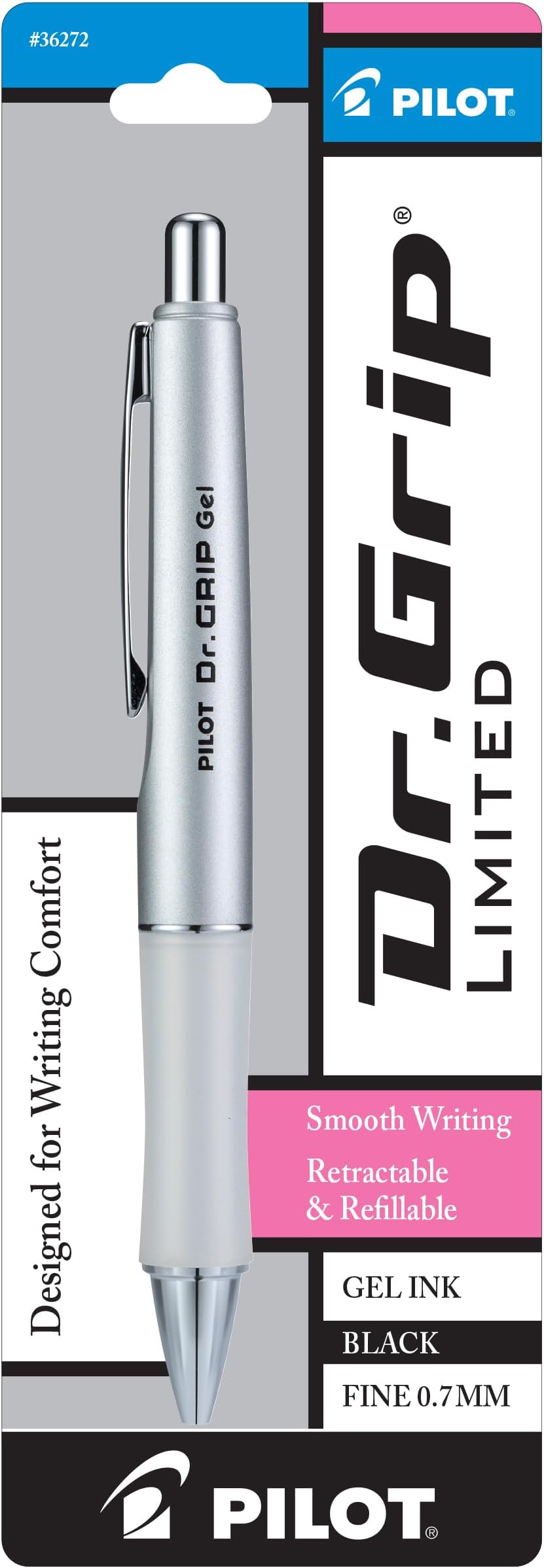 PILOT Dr. Grip Limited Refillable & Retractable Gel Ink Rolling Ball Pen, Fine Point, Metallic Platinum Barrel, Black Ink, Single Pen (36272)