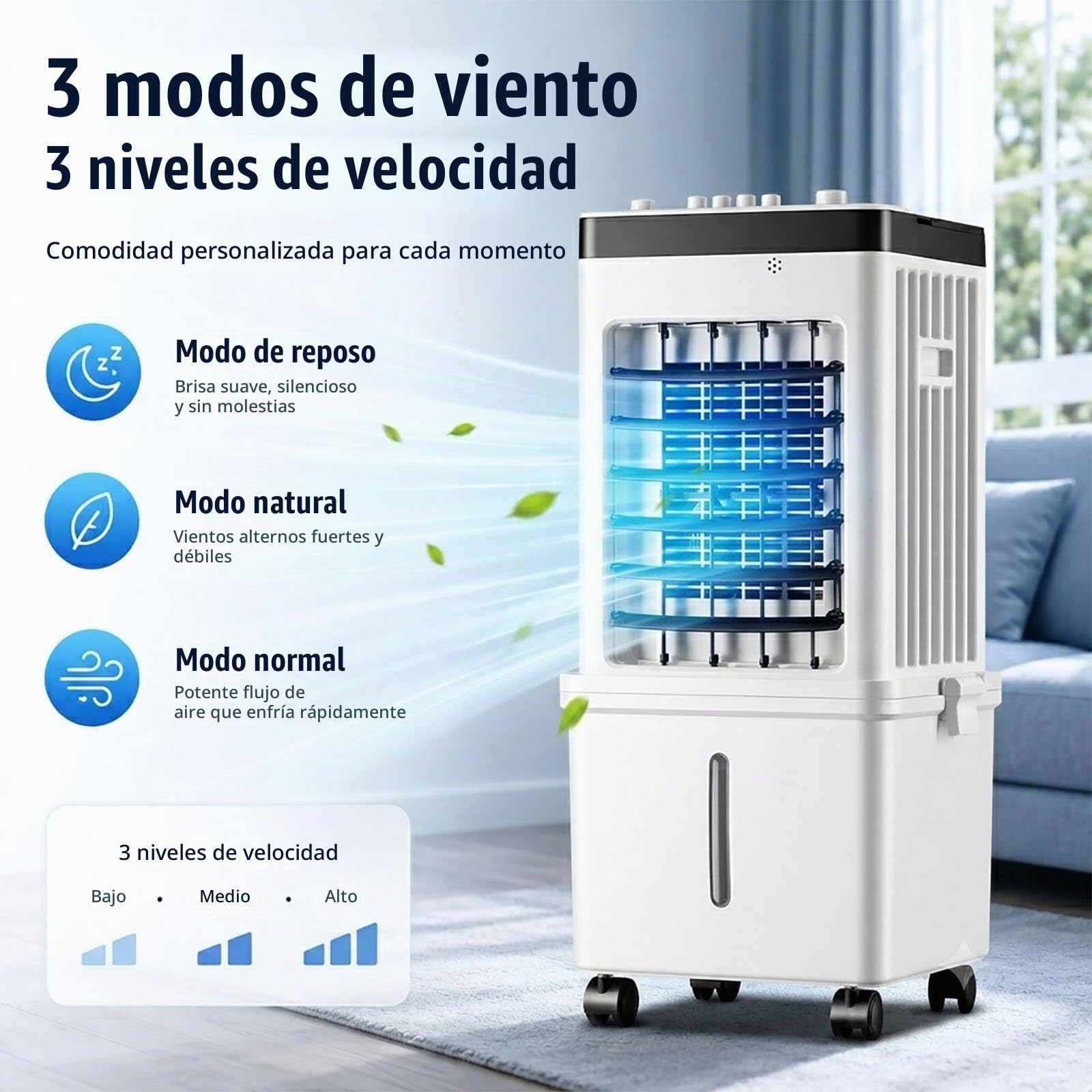 Climatizador Evaporativo, 15L Enfriador de Aire Portátil con Oscilación 120°, Ventilador Silencioso 3 Velocidades, Modos
