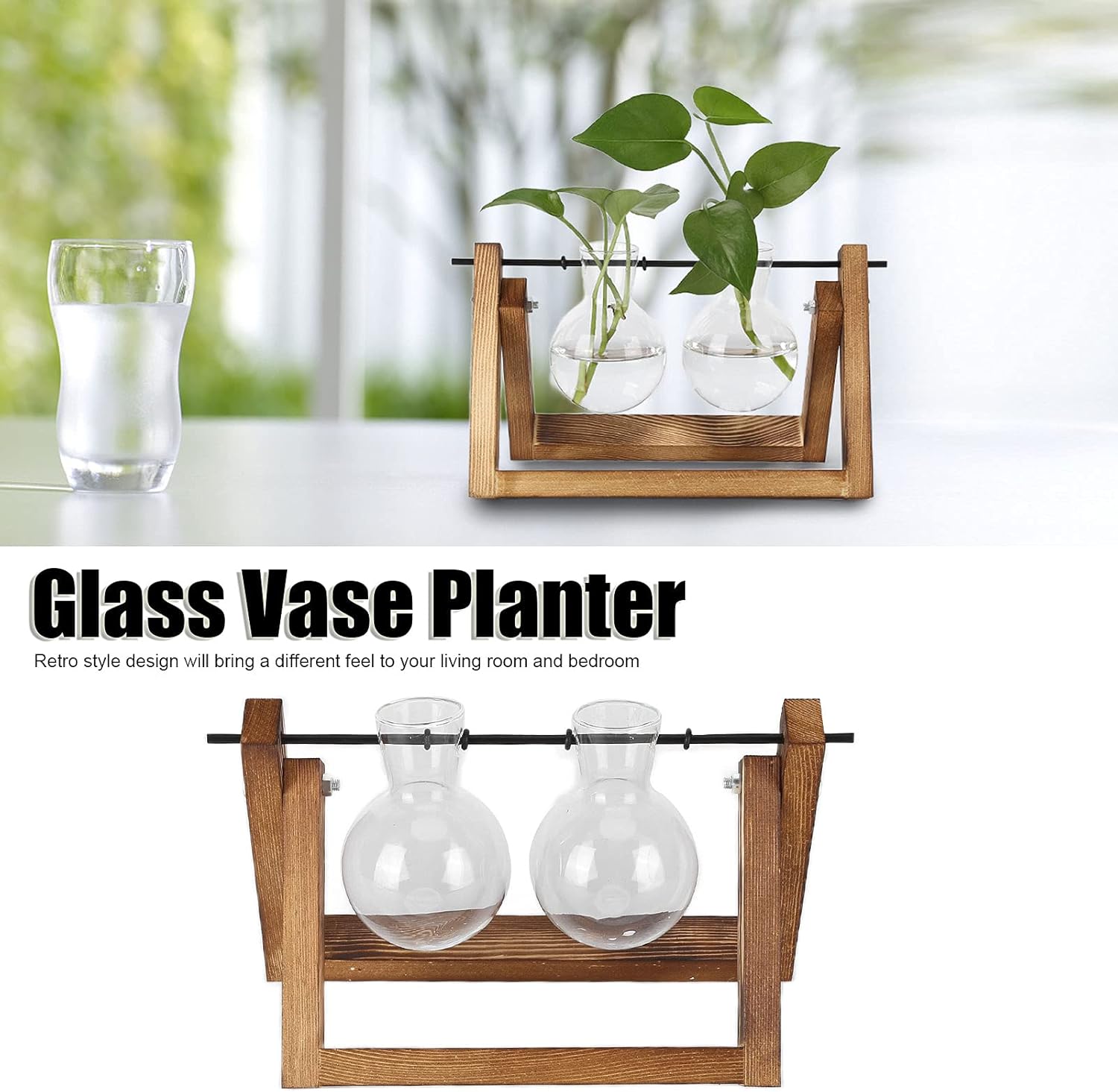 GLOGLOW Desktop Propagation Station, Metal Swivel Holder Plant Terrarium with Wooden Stand Planter Bulb Glass Vase (Retro Frame + Double Bottle)
