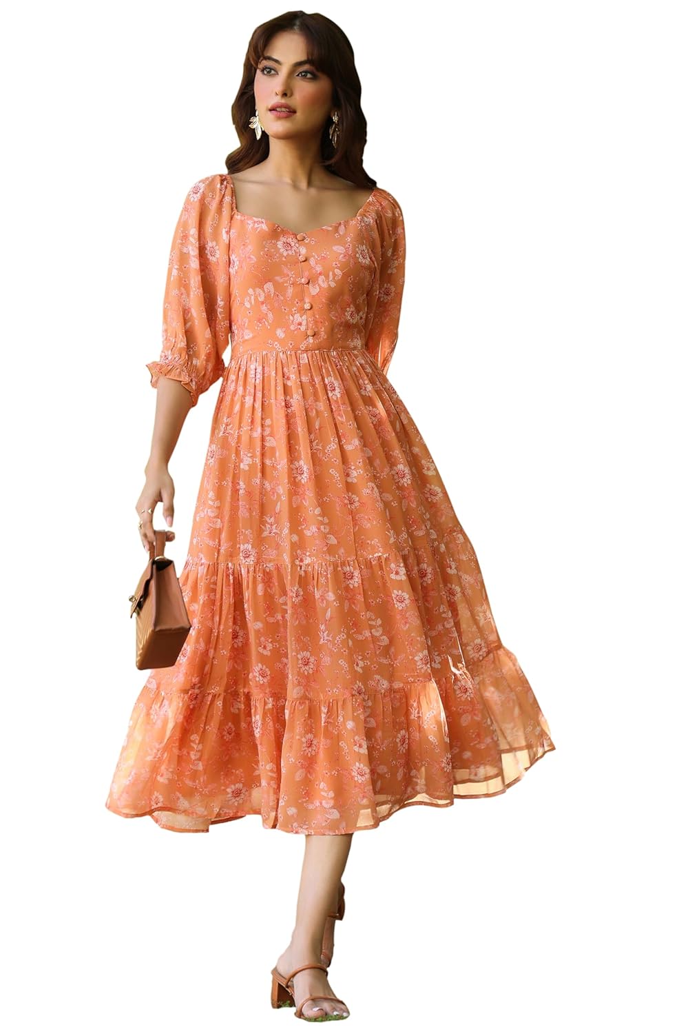 Janasya Women’s Orange Georgette Floral Printed Tiered Dress