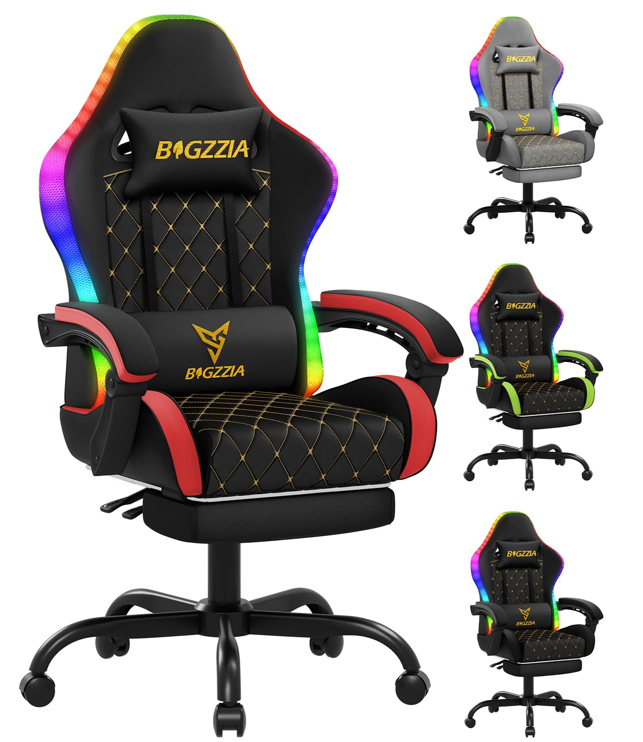 bigzzia Gaming Stuhl mit RGB Led - Ergonomischer Gaming Chair Mit LendenwirbelstüTze Und FußStüTze, Verstellbarer Und Drehbarer Gamer Sessel aus PU-Leder, 150 KG, Rot