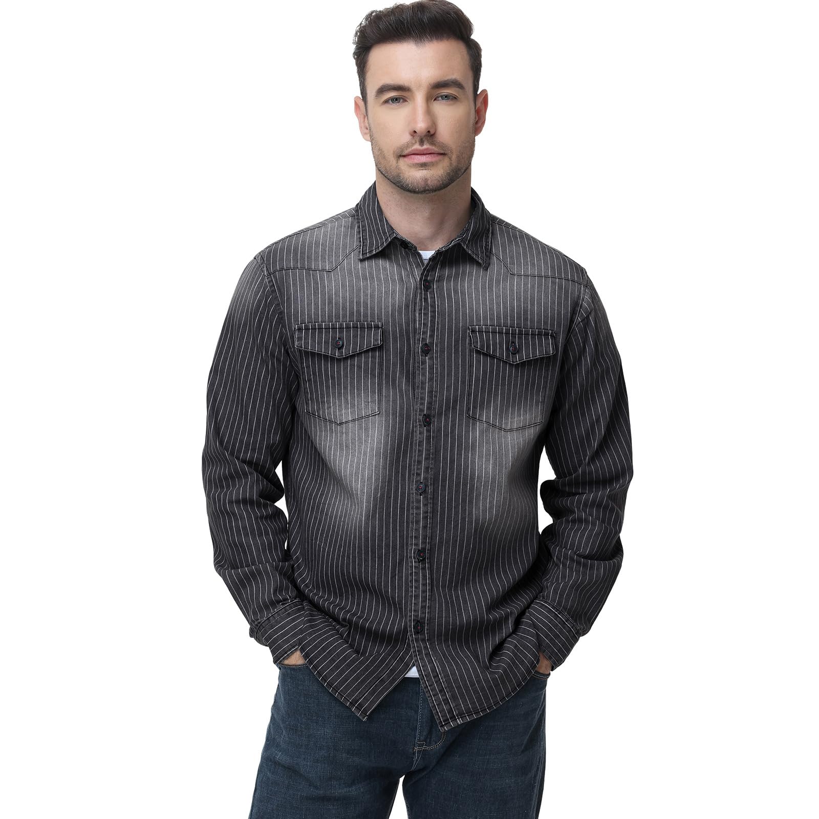 HOTIAN - Camisa vaquera de manga larga para hombre, camisa de ocio, camisa de negocios, corte entallado