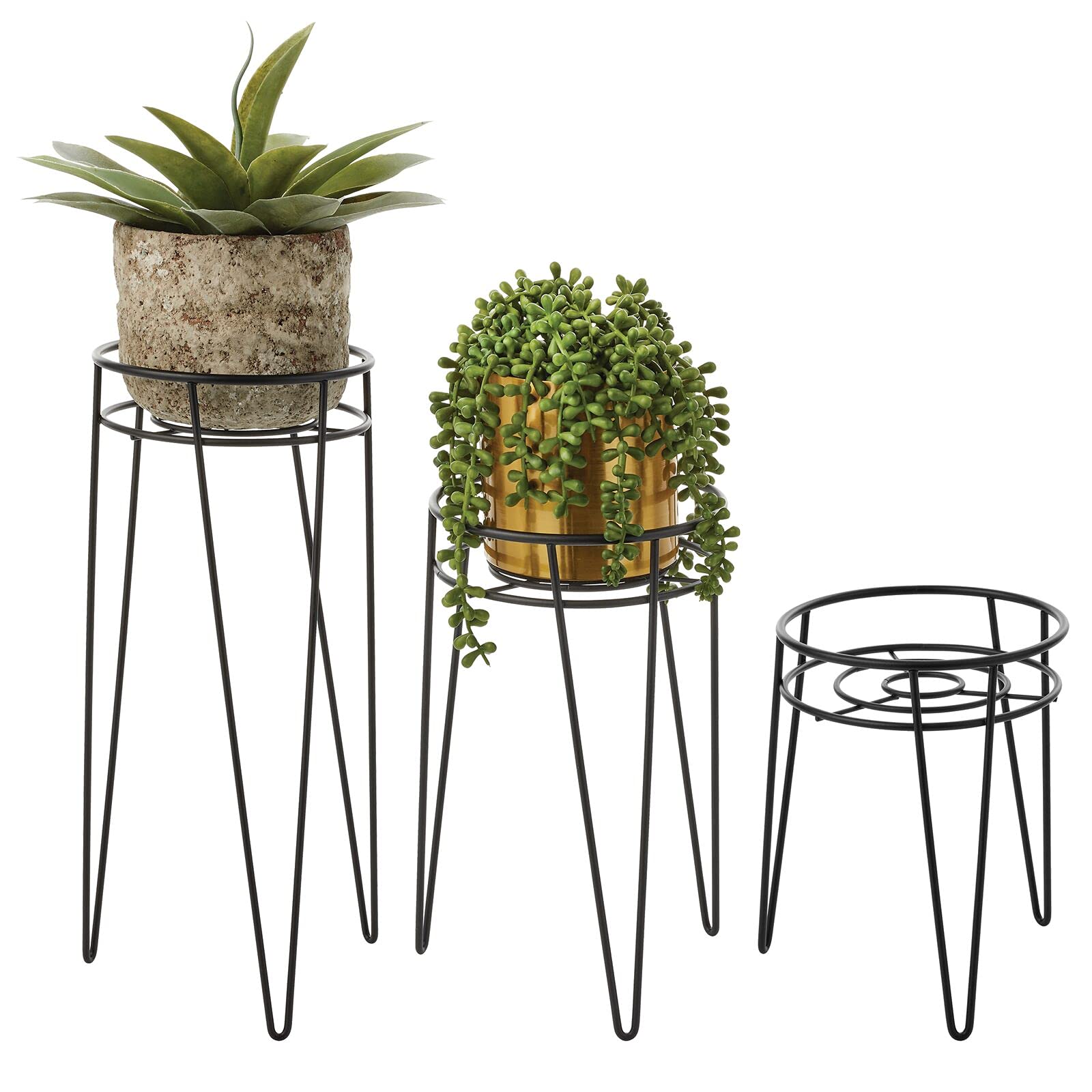 mDesign Metal Indoor/Outdoor Plant Stands - Modern Plant Stand with Hairpin Legs for Flowers, Plants, Greenery, Succulents, Vases, Pots, Containers, Concerto Collection, Set of 3 - Black