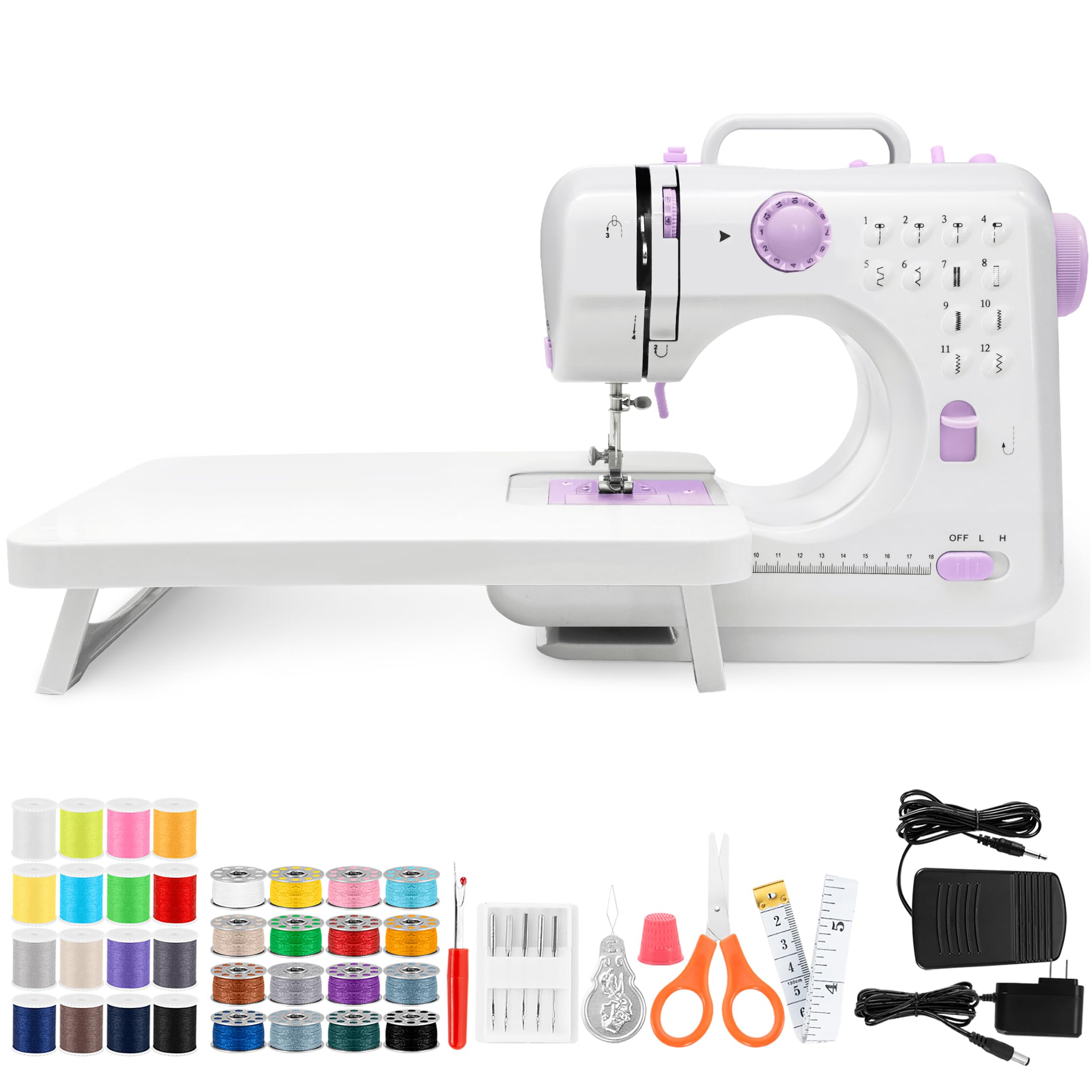 Sewing Machine with Extension Table, Mini Sewings Machines Portable Electric Sewing Machine, 12 Stitches Sewing Machines with LED Light, Sewings Accessory Kit, Ideal for Clothing, Pillowcases, Sheets