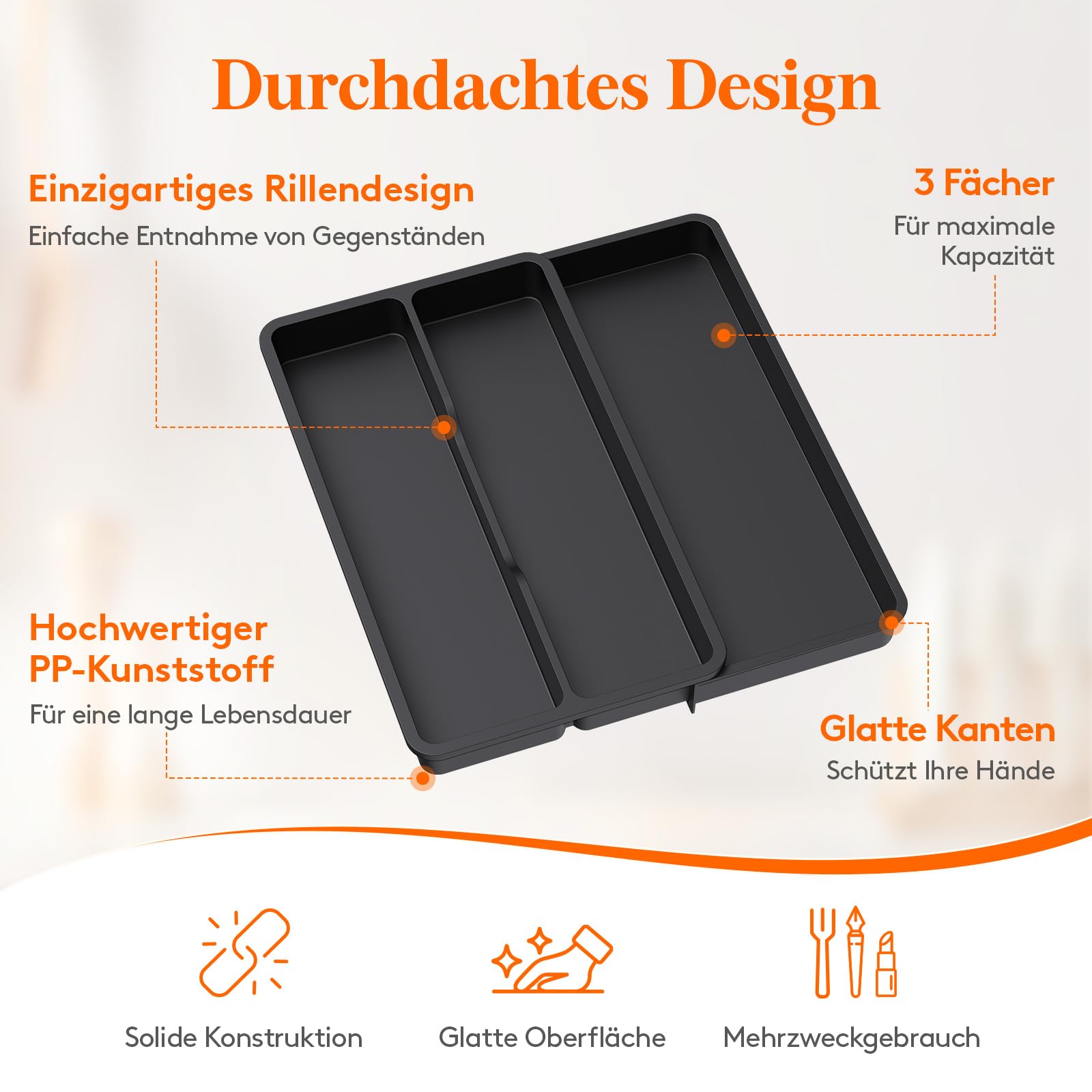 Lifewit Besteckkasten für Schubladen, Küchenutensilienhalter erweiterbar auf 36,5 cm, Schmale Schubladen Organizer Küche Tiefe 40 cm, Kunststoff Utensilienständer für Spatel/Messer/Löffel, Schwarz