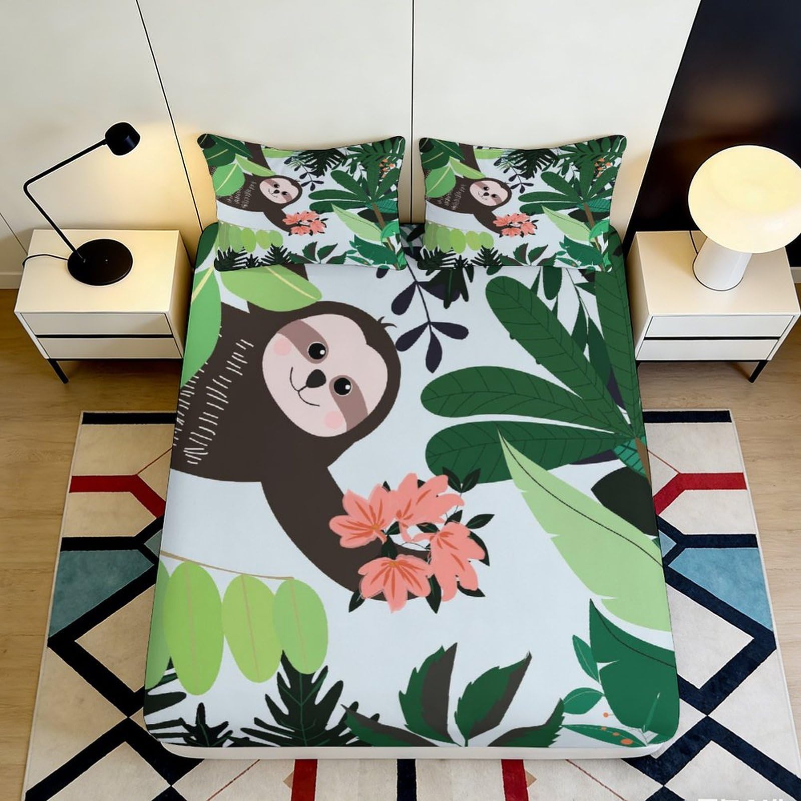 Pnayamiorkfel Style-9 3D Printed Sloth Jungle Fitted Sheet Microfiber Soft Breathable Botanical Flowers Mattress Cover For Bedroom Decor 90X200x25cm