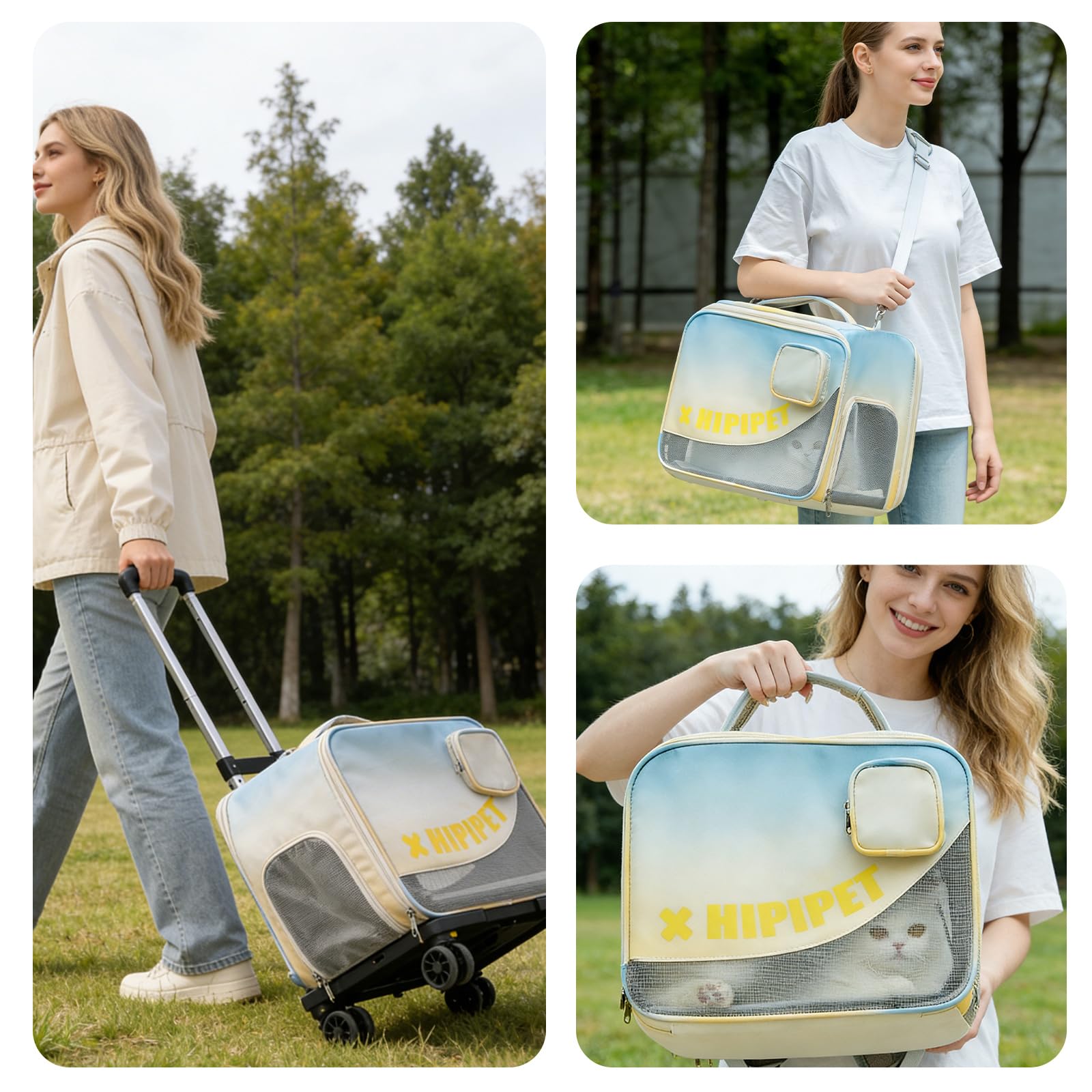 PETCUTE Grandes Caisse de Transport pour Chats avec roulettes Amovibles,Cage de Transport pour Chats et Petits Chiens,Sac de Voyage Pliable et Respirant avec Tapis Amovible, Idéal pour Les Voyages
