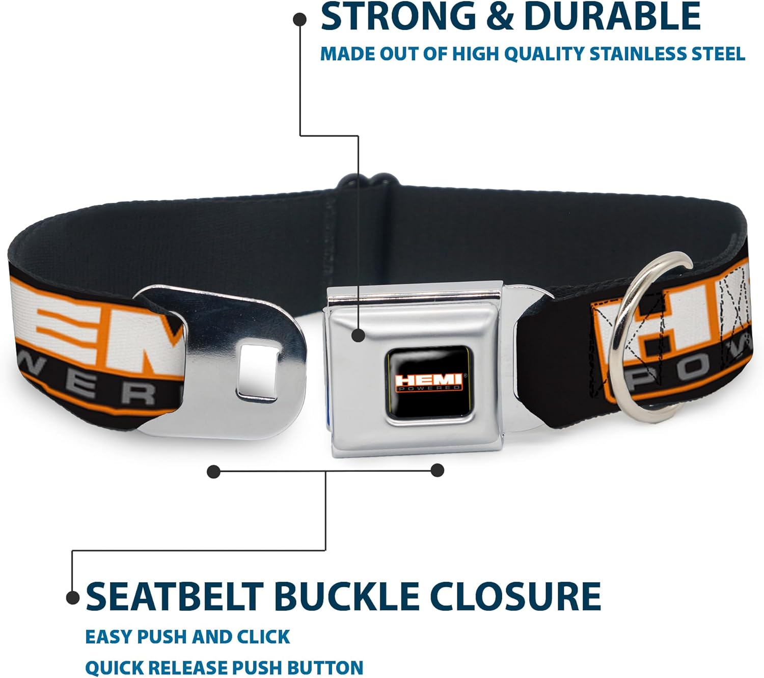 Dog Collar Seatbelt Buckle Hemi Powered Logo Repeat Black Orange White Gray 15 to 26 Inches 1.0 Inch Wide, Multicolor