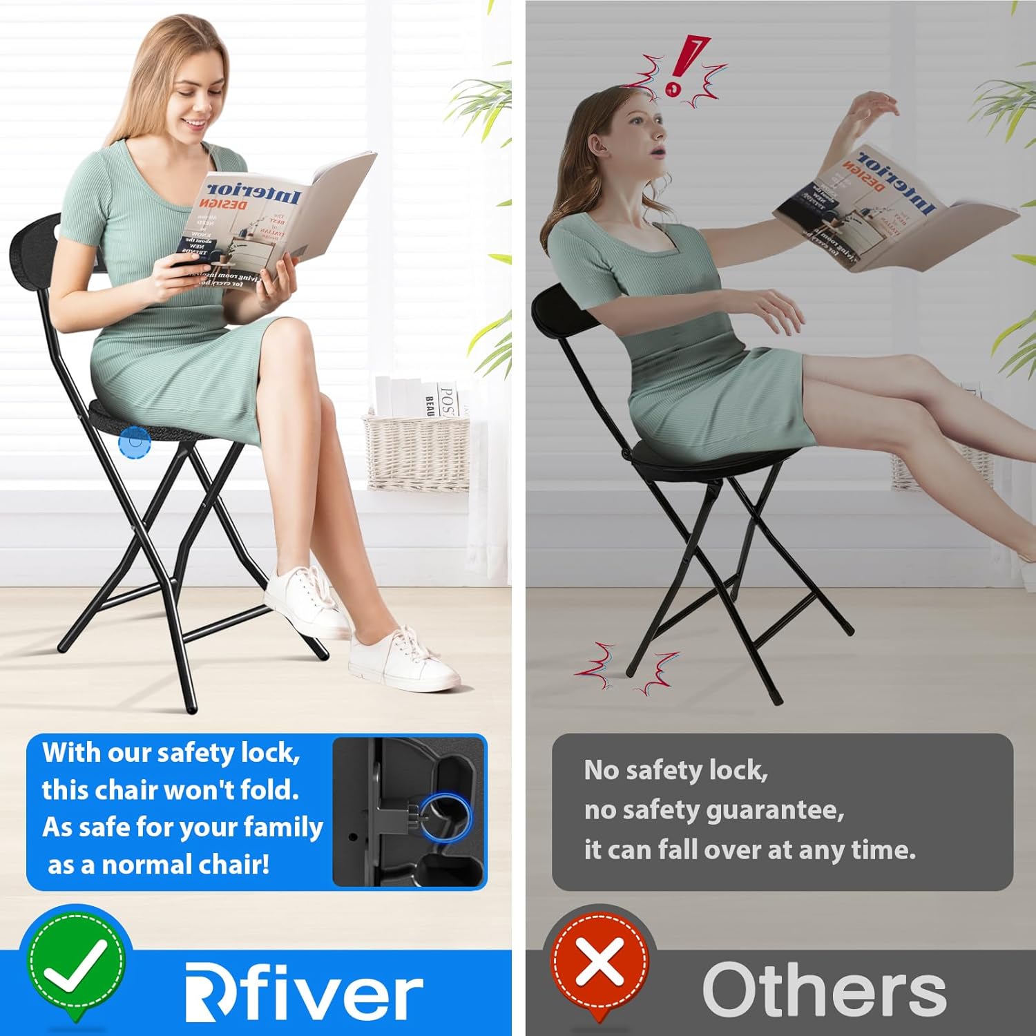 Rfiver Folding Stool with Back, Heavy Duty Foldable Stools for Adults with Handle, Portable Folding Stool Chair (18 inch Set of 2)