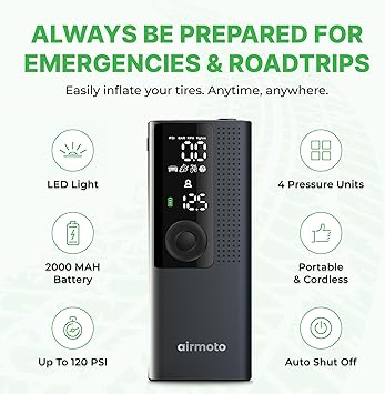 Airmoto Tire Inflator Portable Air Compressor - Air Pump For Car Tires with Digital Pressure Gauge, LED Light and Auto Shut-Off Function - Cordless Pump for Car, Motorcycle, Bicycle, Ball