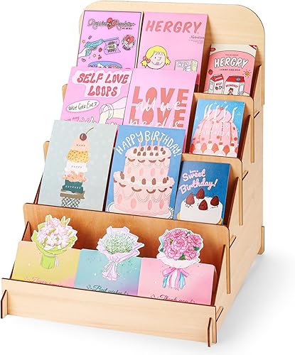 Luoyadee Soporte de exhibición de tarjetas de felicitación, Soporte de exhibición al por menor de 4 niveles, Soporte de exhibición de tarjetas de