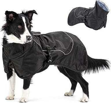 Waterproof Dog Raincoat, Windproof Rain Jacket with Velvet Lining for Outdoor Windy Weather, Breathable Full-Body Coverage Dry Suit Coat with Reflective Strips for Large Big Dog Black, Large