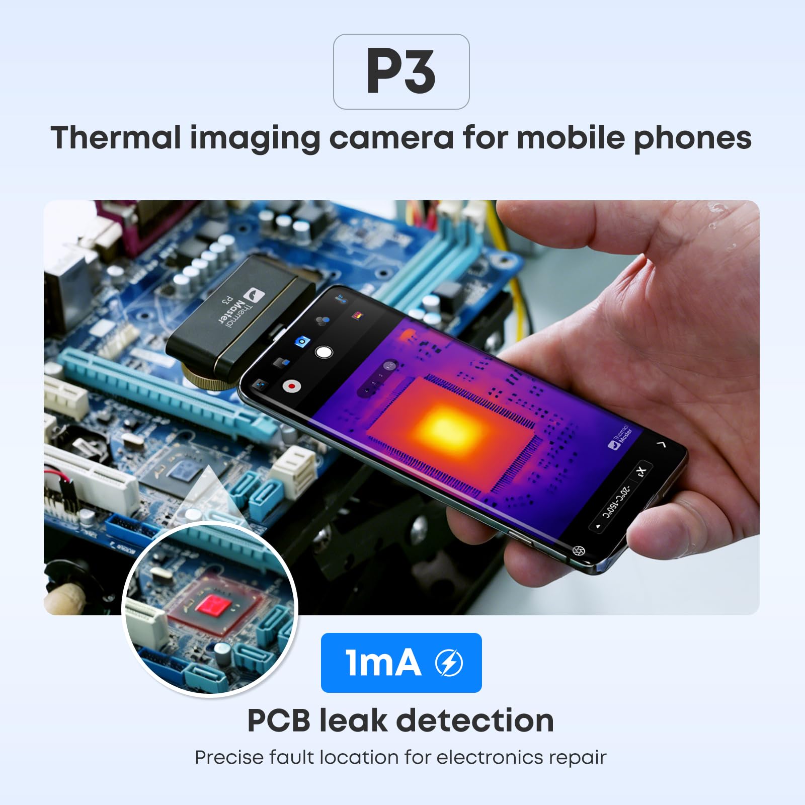 P3 Kamera Termowizyjna do Smartfona Android i iPhone, Podczerwień 512x384 X³IR z Obiektywem Makro 8mm, Detekcja Wycieków 1mA dla PCB, -20°C do 600°C, Zoom 15x, Narzędzie dla Elektroniki i HVAC