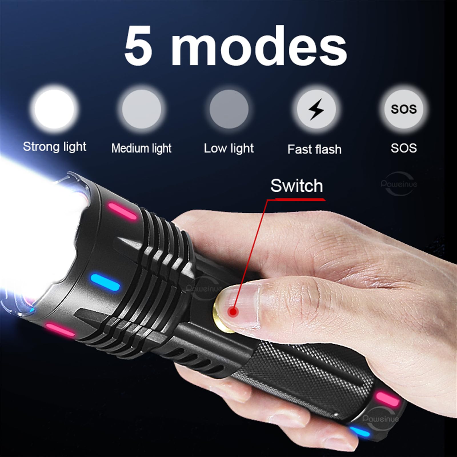 DazulI Linternas De Alto Lúmenes Recargables, Linternas LED De Alta Potencia Fluorescencia Potente Linterna 4000 M Recargable XHP360 Para Emergencia Camping Senderismo