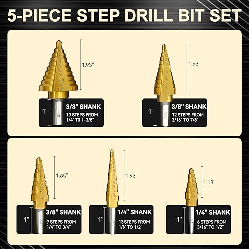Miniatura 3 de 5 brocas escalonadas de titanio, 4241 HSS con dos flautas rectas, 50 tamaños de 316 a 1-38 pulgadas para metal, aluminio, madera y plástico, Unibit
