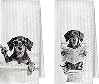 Funny Dachshund Waffle Hand Towels Set of 2 - 16x24 Inch Wiener Dog Bathroom Decor & Kitchen Towels by Blissfulabon