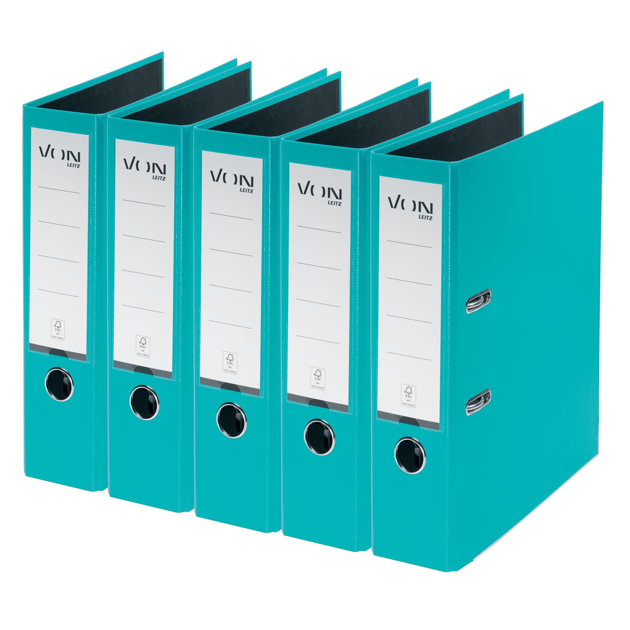 VON Leitz A4 Folder, Pack of 5, Cardboard with Plastic Cover, 80 mm Spine Width, for 600 Sheets, Blue Angel & FSC Certified, for School, Study & Home, Turquoise, 10551052