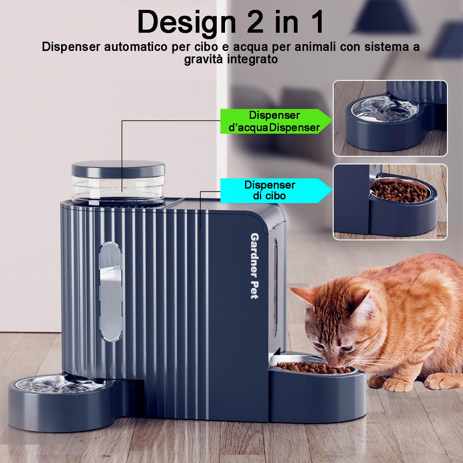 Gardner Pet 2 in 1 Distributore Automatico Cibo e Acqua Gatti (3L*2), Distributore Automatico Cibo Gatti con Ciotola in Acciaio Inox, GravitÀ Dispenser Crocchette Gatto, Senza BPA, Blu Scuro
