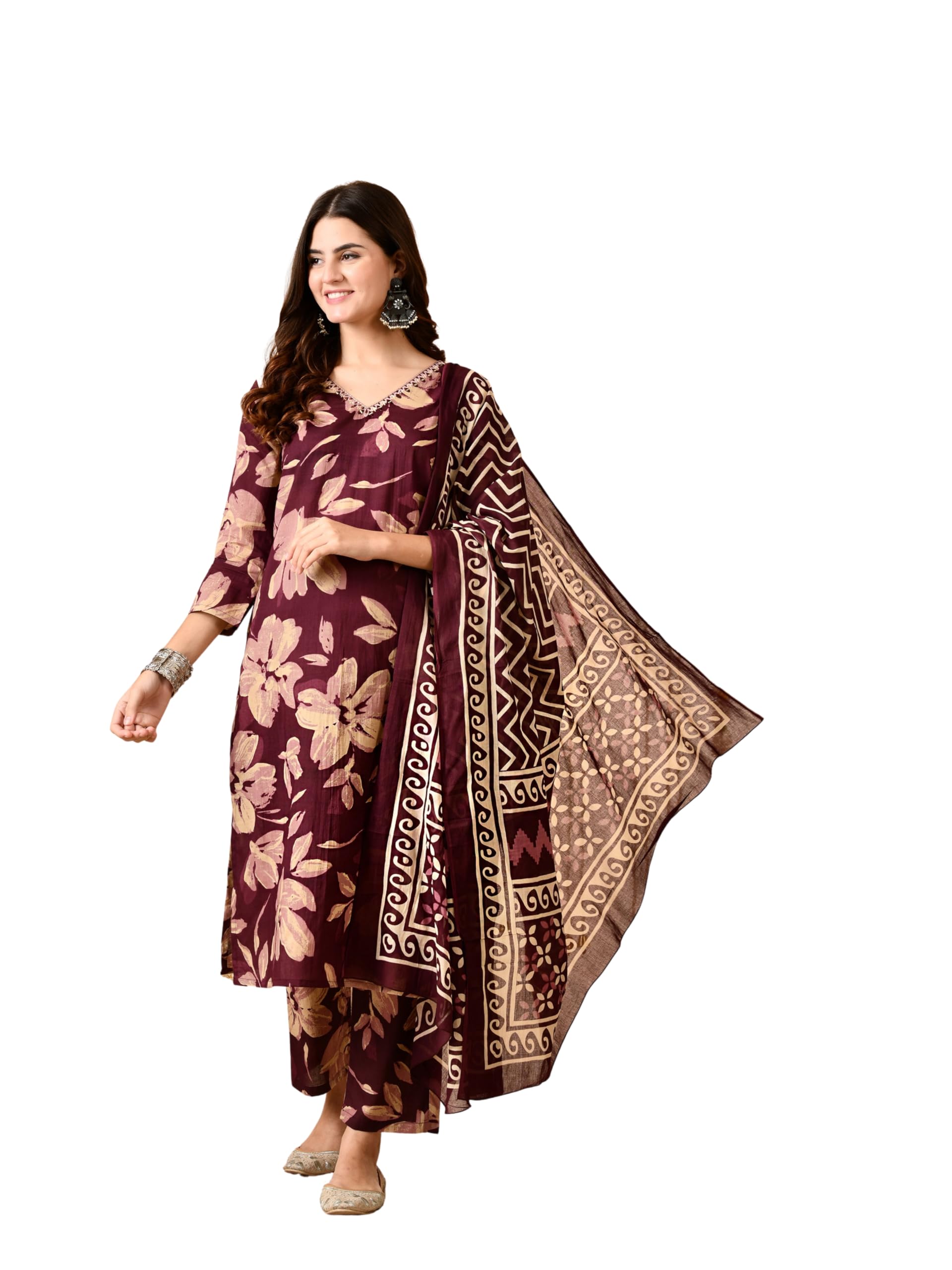 amazon brand - tavasya Women Floral Printed Regular Pure Cotton Kurta with Trousers & With Dupatta (S)-picture-29