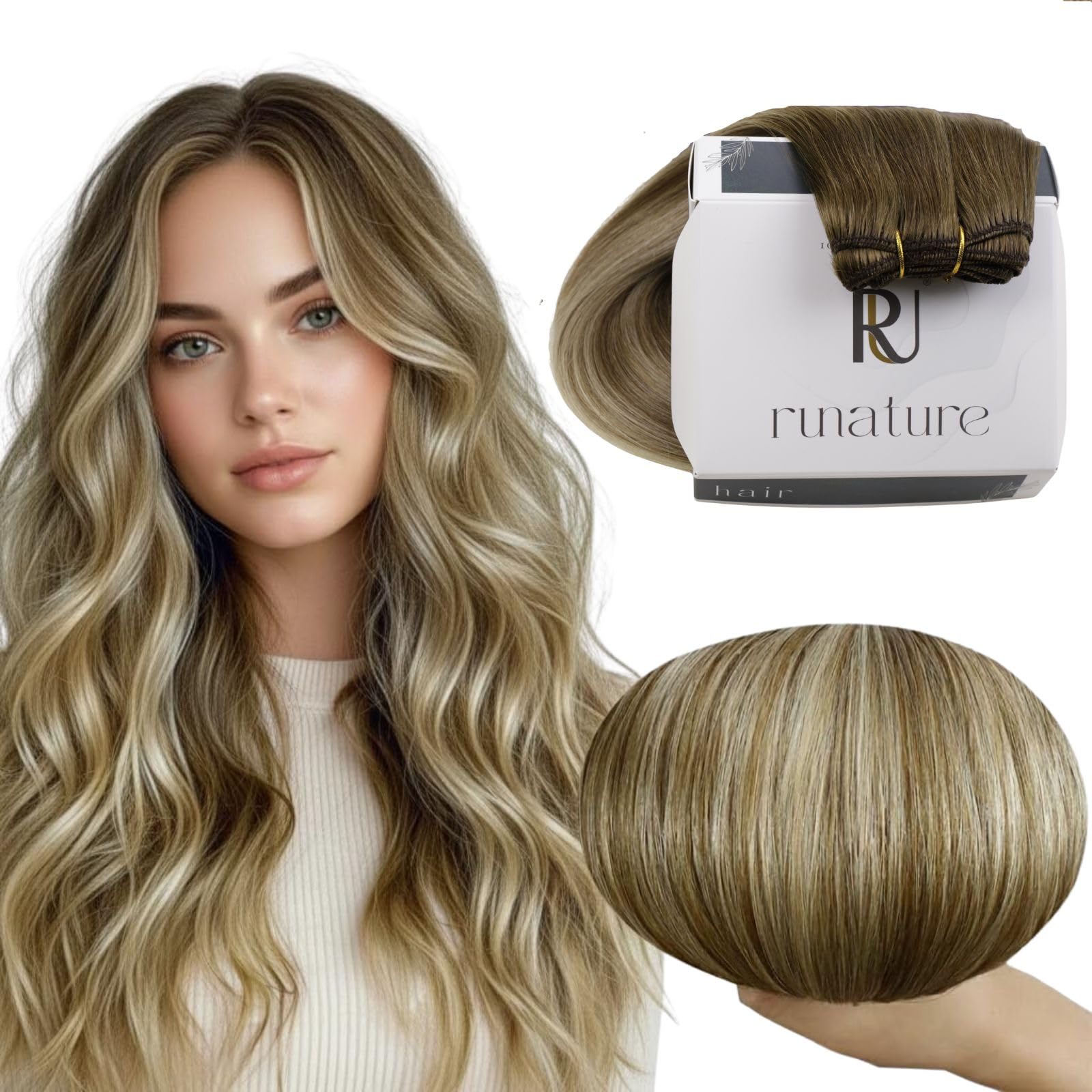 RUNATURE Weft Hair Extensions Human Hair Balayage, Sew in Human Hair Extensions Weft, Thick Real Hair Extensions Sew in Wefts, Brown to Blonde 14 Inch