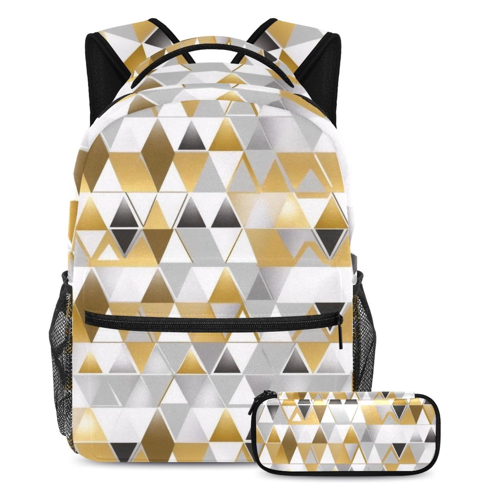 Sac à dos pour ados grand compartiment et sa trousse géométrique dorée - 7