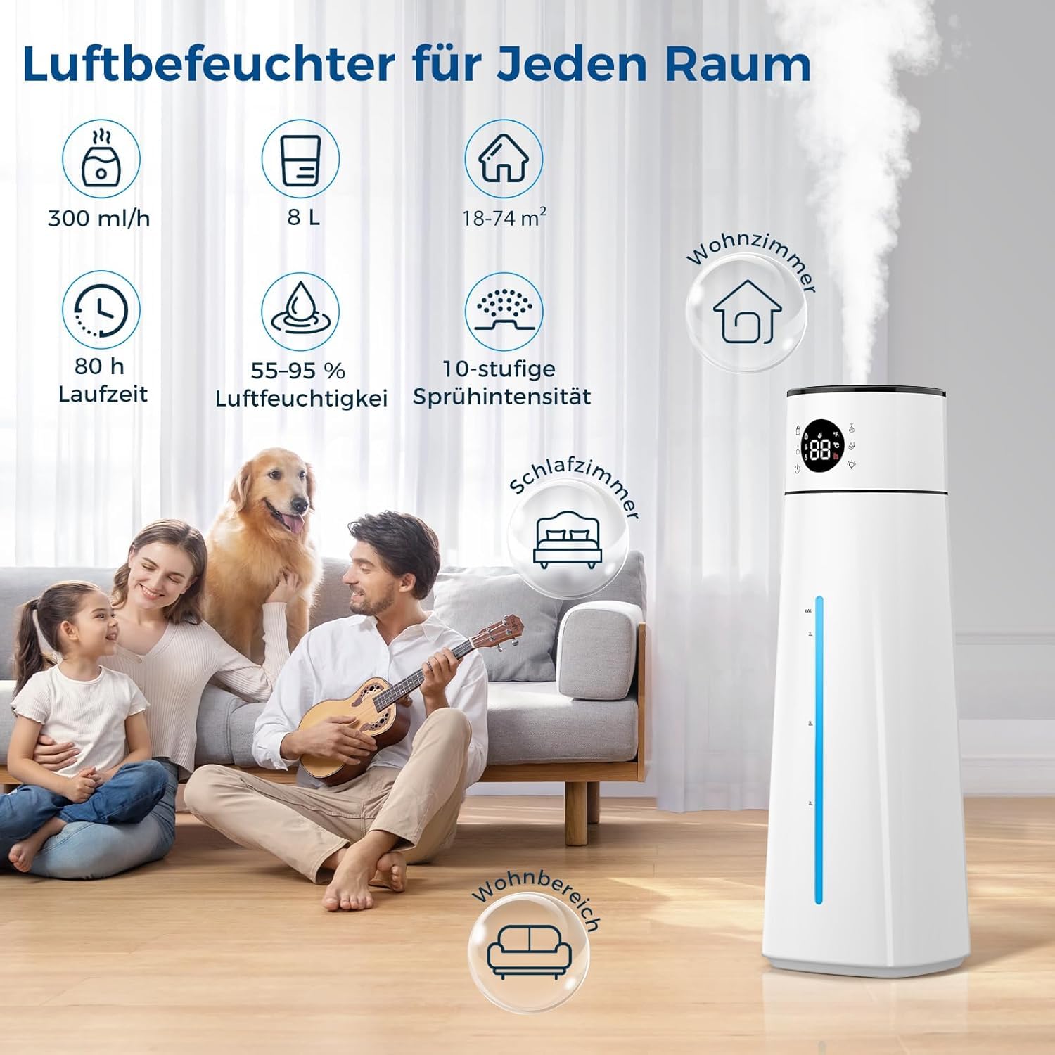 Humidificador de Aire 8L, Grande Humidificador Ultrasónico Top-Fill, 80H Duración, 24H Temporizador, Luz Nocturna, 25dB Silencioso para Bebés, Oficina, Plantas, Boquilla de Vapor Giratoria de 360°(B)