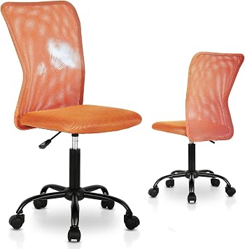 Armless Office Rolling Chair Comfy Mesh Small Computer Chair Ergonomic Swivel Office Chairs No Arms with Lumbar Support, Teen Desk Chairs Stool with Wheels Adjustable Task for Adults and Kids, Orange