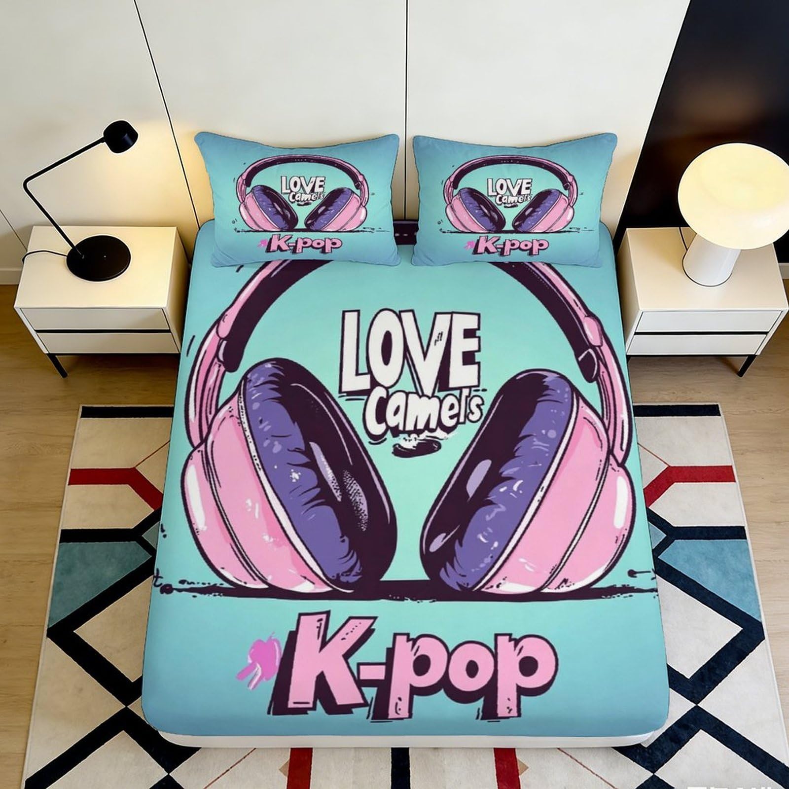 Uynsixtme Style-7 3D Printed Headphone Music Fitted Sheet Microfiber Deep Pocket Bedding Set All Age Headphone Music Mattress Fitted Cover Bedroom Use 90X200x25cm