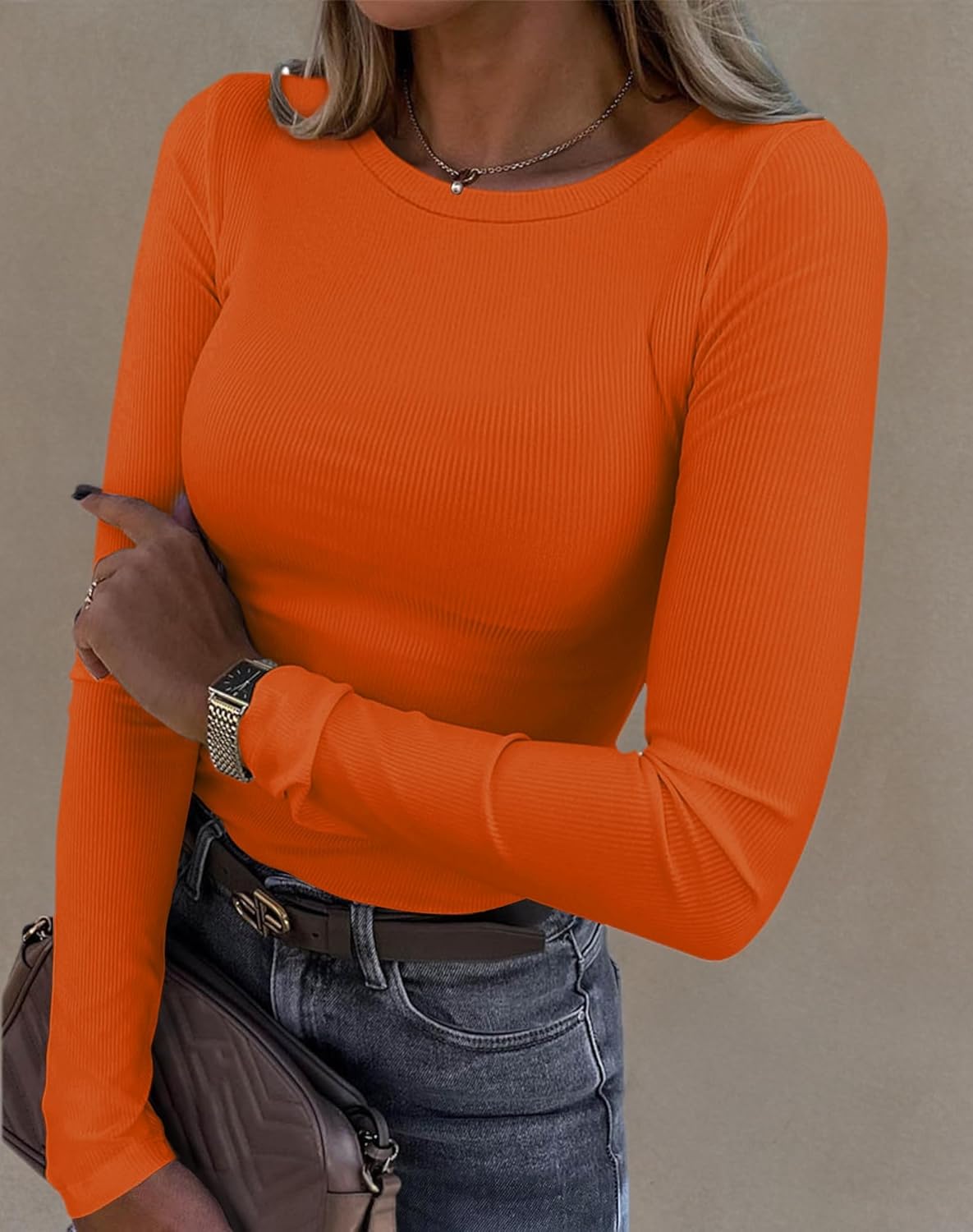 Roselux Womens Long Sleeve Stretch Crewneck Ribbed T-Shirt Fitted Casual Basic Tops - Image 7