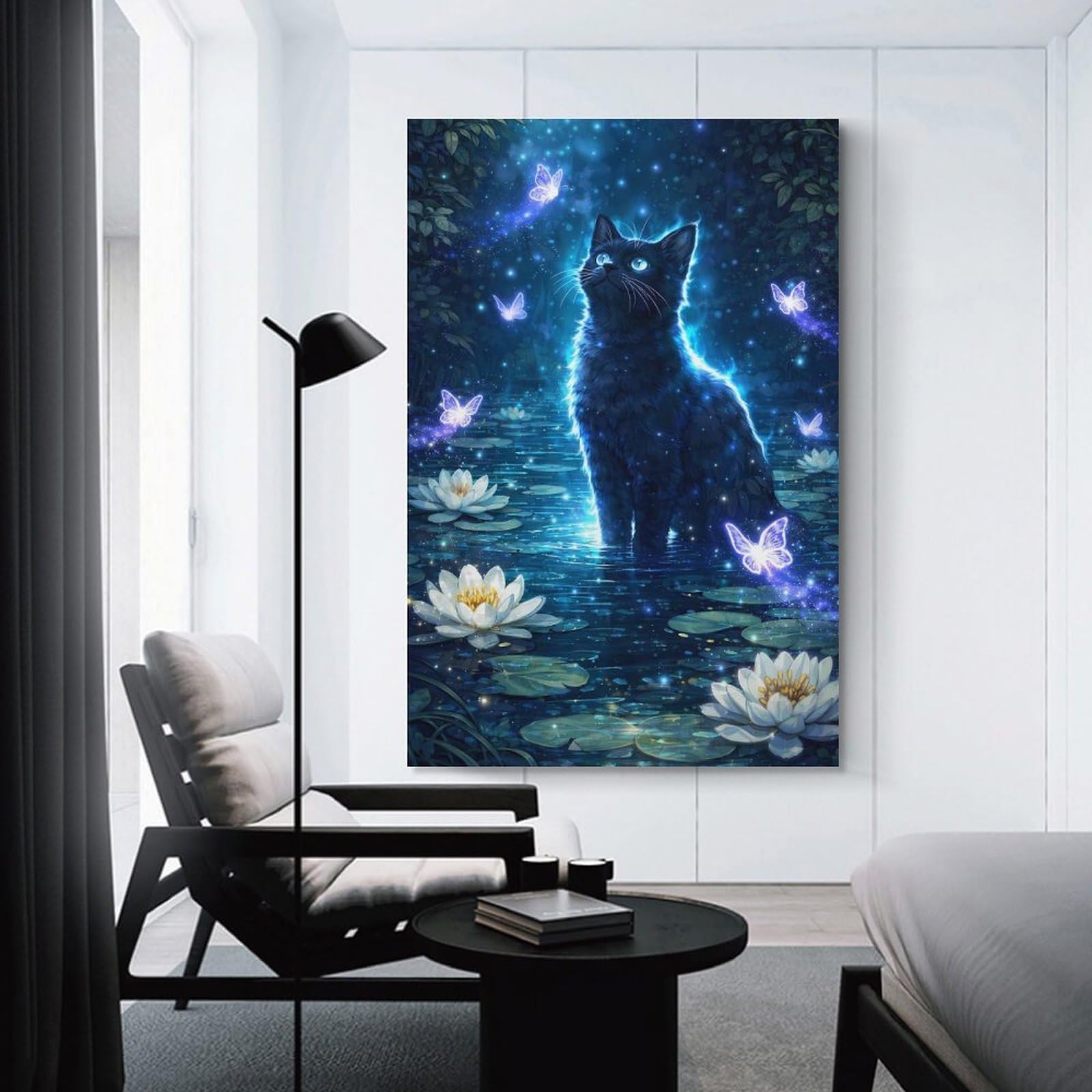 Junmoney Magical Black Cat in A Lotus Pond Wall Art Print 20x30inch(50x75cm), for Living Room, Bedroom Or Home Office, Thoughtful Wall Decor for Art Lovers