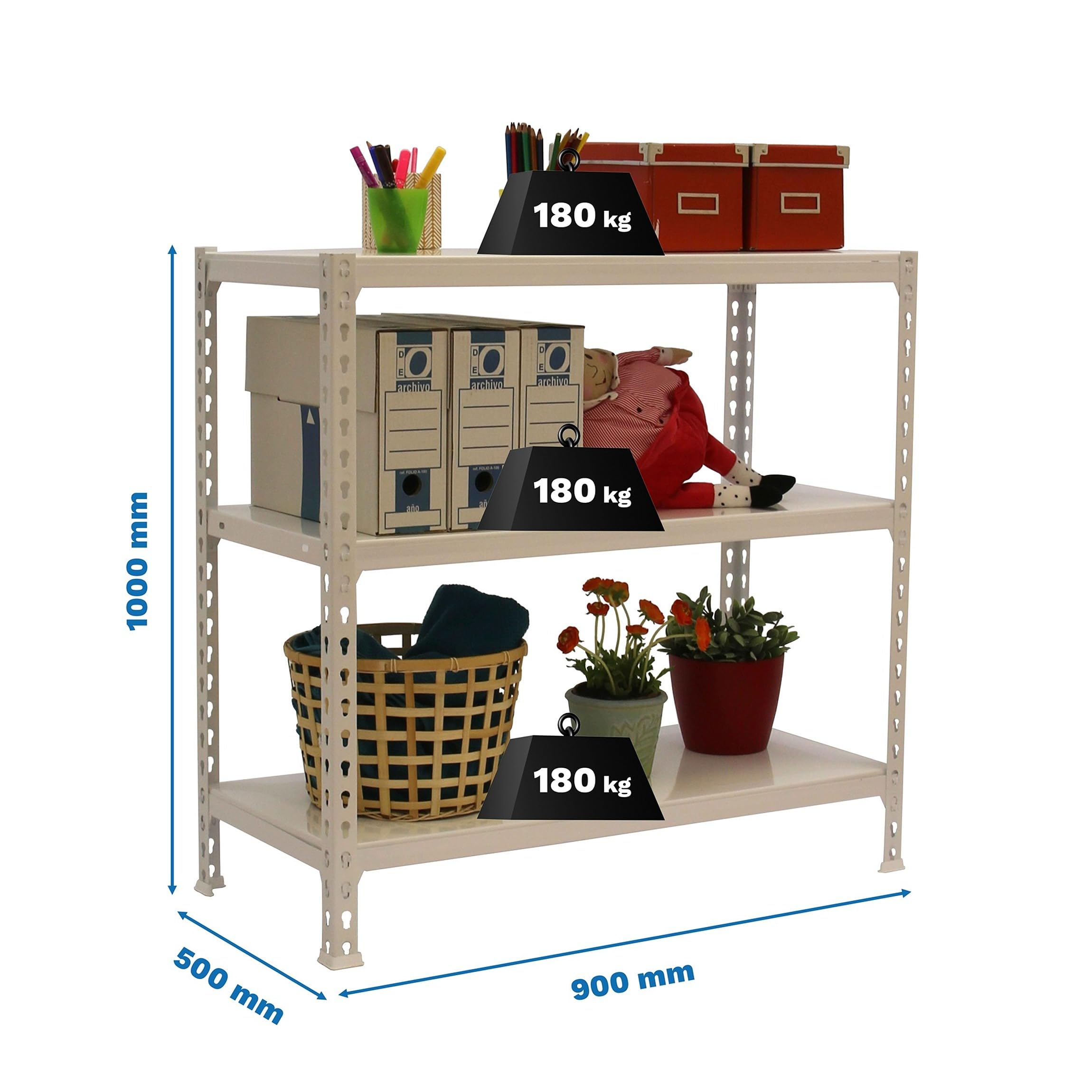 Simon Rack Estantería Metálica 1000x900x500 mm - Simonclick | 3 Alturas, Bandeja Metal, 180 kg de Punto Flexión, Blanco, Pintura anticorrosión, Montaje sistema clic